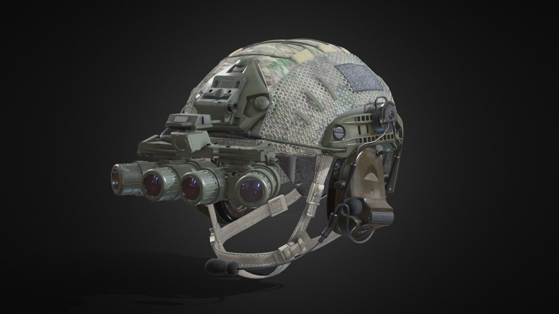 Non-ballistic helmet, Peltor hearing protection, distinct panoramic nightvision GPNVG-18 goggles and o lot of work. Enjoy!
Personal project to improve my workflow. 
Modeling done in Blender 2.83. For textures I used Substance Painter and Photoshop for slight touches on both textures and renders.

For more renders and version with balaclava and face you can check my ArtStation: https://www.artstation.com/artwork/5Xr4n1
I'd love to hear what you think :)