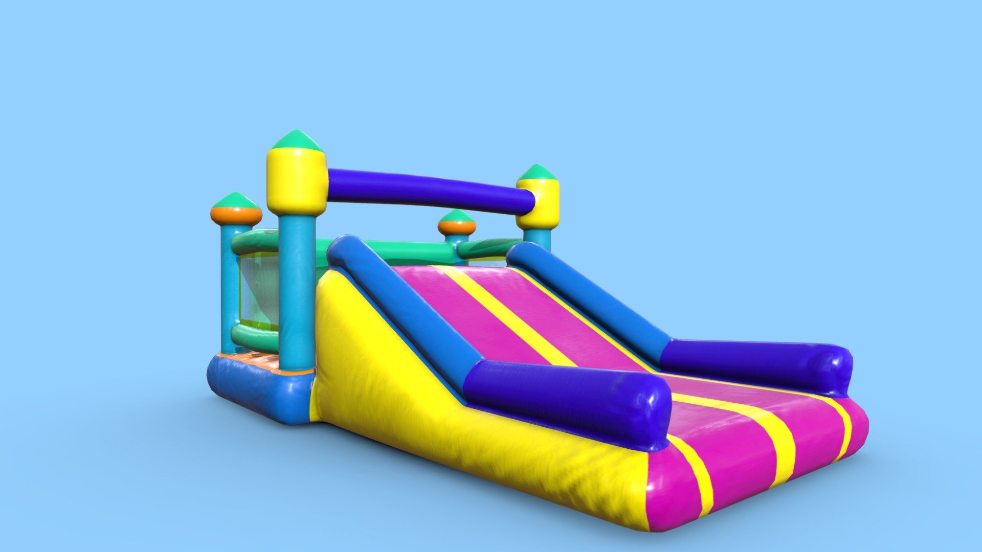Made in Blender 2.9x (Cycles Materials) and Rendering Cycles.
Main rendering made in Blender 2.9 + Cycles using some HDR Environment Textures Images for lighting which is NOT provided in the package!

What does this package include?

3D Modeling of a Inflatable castle shape
Textures of 3D model  in 2K and 4K (Base Color, Normal Map, Roughness, Ambient Occlusion,,Opacity)

Important notes

File format included - (Blend, FBX, OBJ, MTL)
Texture size -  2K and 4K (Base Color, Normal Map, Roughness, Ambient Occlusion,Opacity) 
Uvs non - overlapping
Polygon: Quads
Centered at 0,0,0

In some formats may be needed to reassign textures and add HDR Environment Textures Images for lighting.
Not lights include 
Renders preview have not post processing
No special plugin needed to open the scene.

If you like my work, please leave your comment and like, it helps me a lot to create new content.
If you have any questions or changes about colors or another thing, you can contact me at  we3domodel@gmail.com