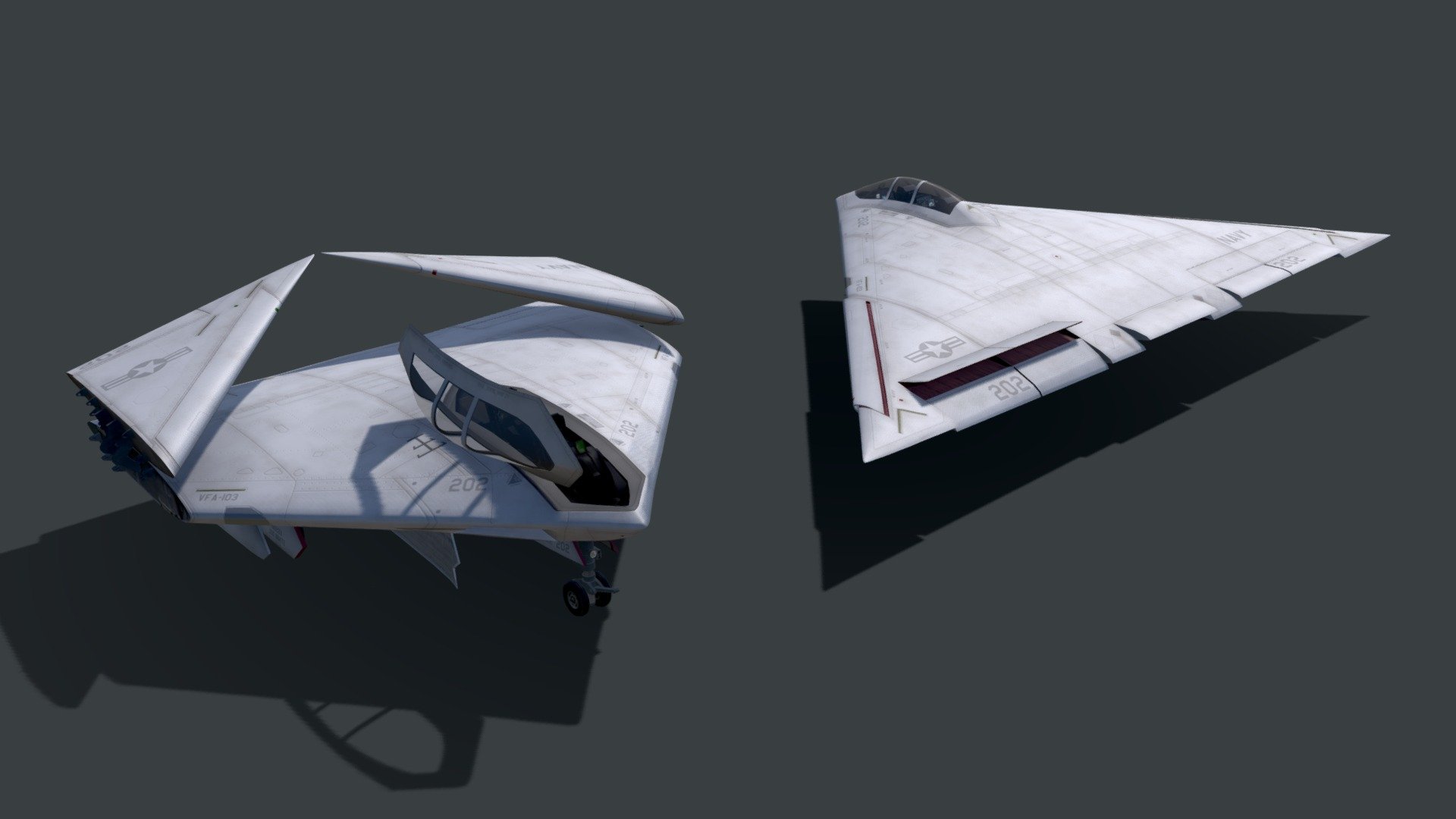 Model of the never built A-12 Avenger II stealth bomber for the United States Navy's ATA program. Detailed with full landing gear, primary and secondary weapons bays, spoilers, flaps, low-poly interior, slats, folding wing mechanism, and accurate engine bay. Low poly and ideal for videogames or animation.

ZIP folder contains 2K sized single texture and bump map with 4K AI upscaled version.