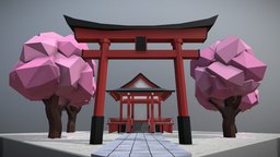 KNB127 A2 Japanese Shrine Diorama japan, shrine, sakura, diorama, a2, cherryblossom, qut, knb127, toriigate