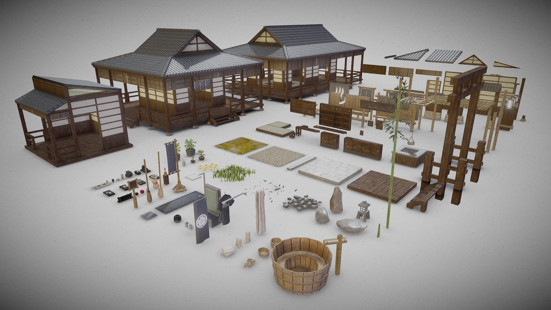 The Japanese Onsen 3D Models for Games pack includes all the models you need to create a Japanese Onsen in your game, such as:




Onsen building

Hot spring tub

Bath house

Tae house

Furniture

Decorations

All models are created in high resolution for stunning and realistic details, perfect for use in any type of game.
Most of the models use the technique of creating  modular &amp; seamless textures. The models have very low polygon counts. 

Examples are used in the Metaverse and Game WebGL. https://www.spatial.io/@7plusdesign

Onsen Environment (full-scene) GLB flie included. https://skfb.ly/oPMGK



