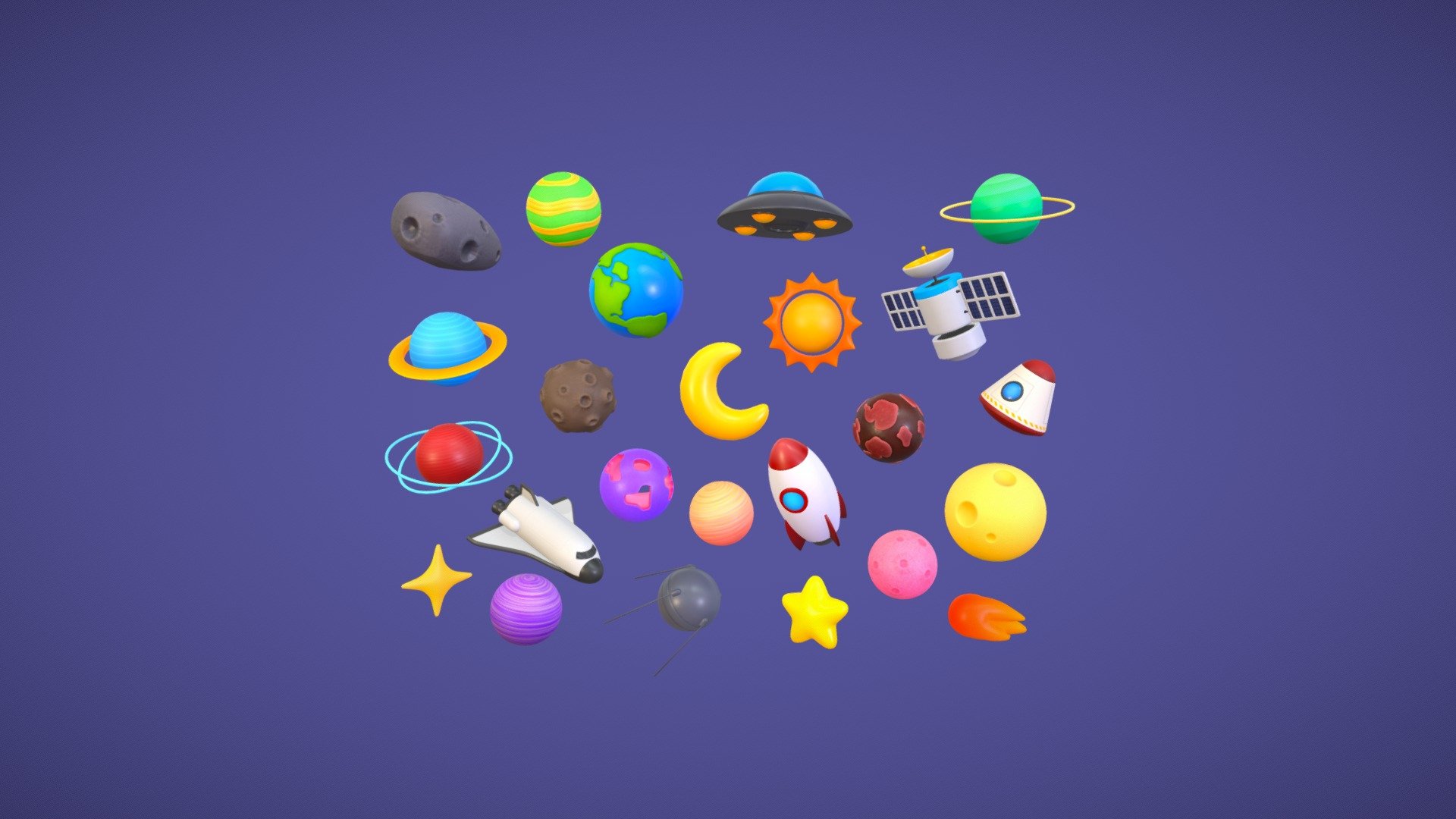 Cartoon Space Object 3d models Pack. 
  


29,419 poly 

30,402 Vert 
  


File Formats 


3ds Max  

FBX 
 


Non-overlapped UV 

Clean Topology 

No Rig 
 


2048 PNG textures 


Base Color 

Nomal Map 

Roughness 
  


Collection Include  

- Star 

- Earth 

- FullMoon 

- Meteor 

- Sparkle 

- UFO 

- Crescent 

- Planet_A 

- Planet_B 

- Planet_C 

- Planet_D 

- Planet_E 

- Planet_F 

- Planet_G 

- Planet_H 

- Planet_I 

- Rocket 

- Satellite 

- Asteroid 

- SpaceCapsule 

- SpaceShuttle 

- Sputnik 

- Sun 

- Comet 
