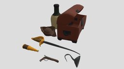 Assets Piratas Cartoon/ Low Poly hat, pistola, chest, espada, hook, botella, pistol, cofre, pirata, sombrero, spyglass, catalejo, cartoon, sword, pirate, gun, bottle, garfio