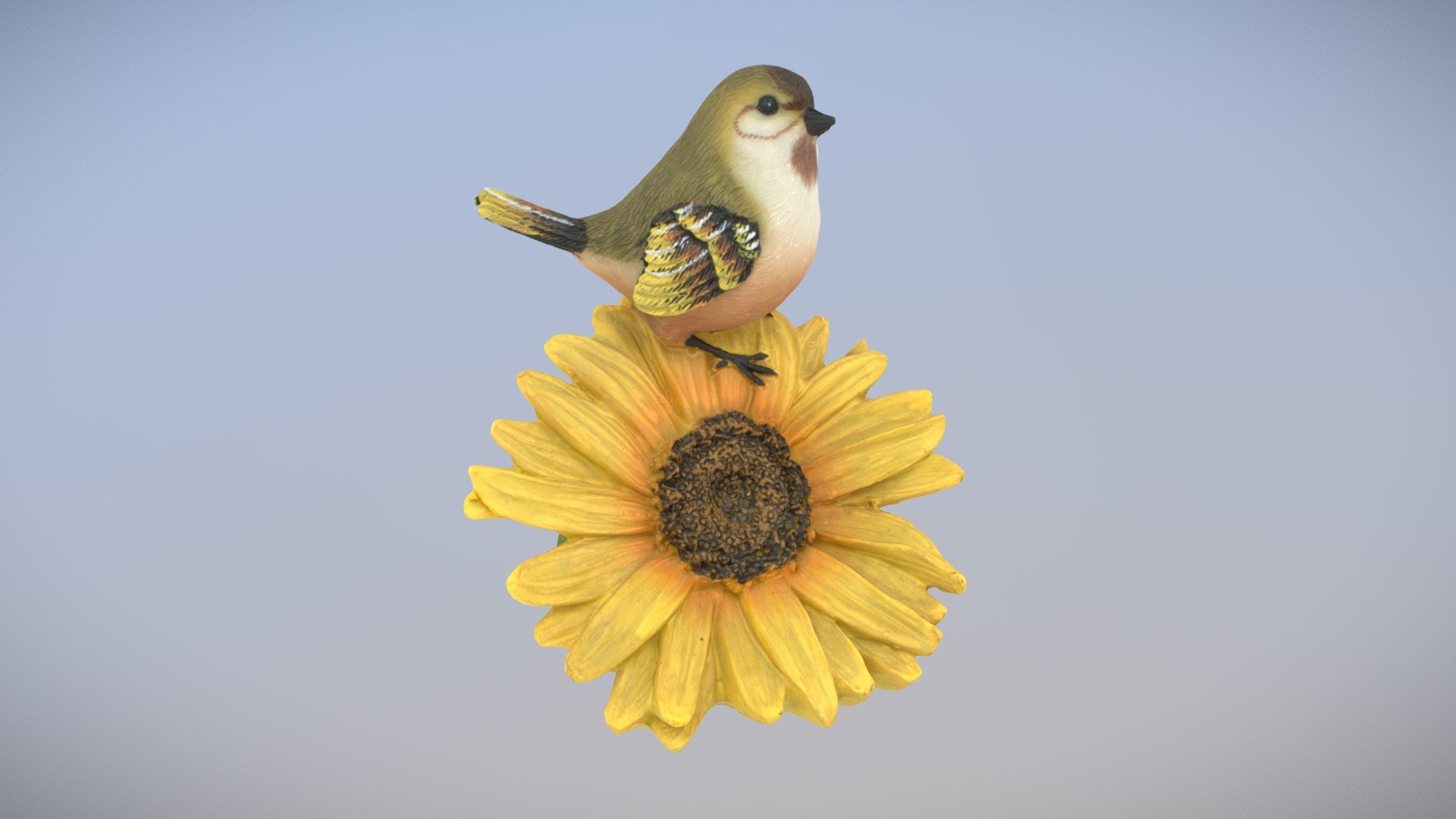 Representing team Canada, this is my third submission for round one of the 3DFlow world cup. 50 cameras were all successfully utilized in this recreation.\n\nAnother home decoration, this features a small bird atop a sunflower. With many shapes and details, I was suprised on how well this reconstructed with just 50 cameras.