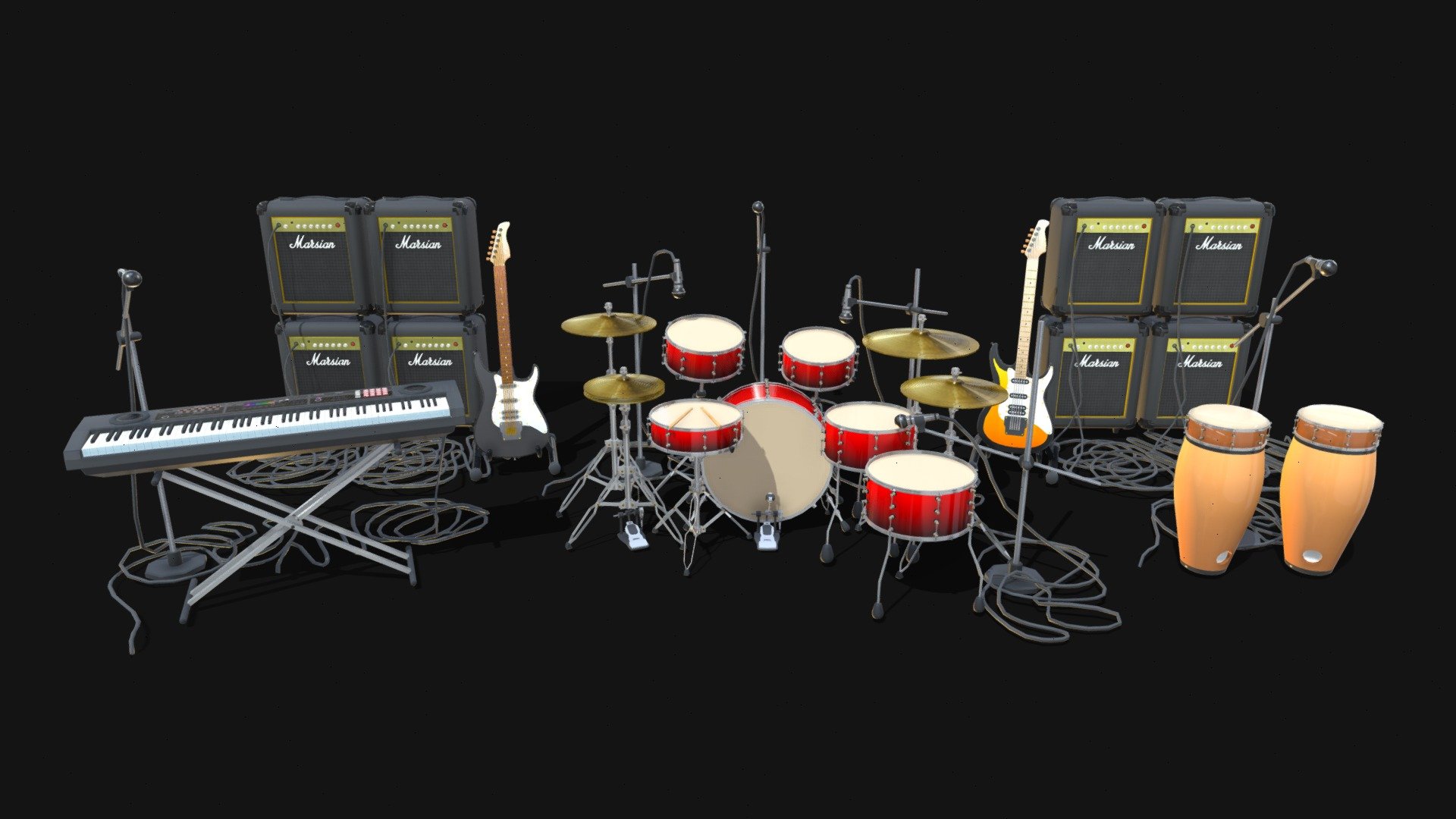 rock and roll instrument pack
-Drum Set
-Guitar Bass
-Guitar rithm
-Keyboard Piano
-Congas
-Amplifiers
-Microphones
and tons of wires

this pack is made in blender, hope you like it ^_^