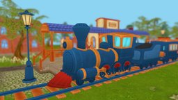 Cartoon Locomotive train, rail, railroad, tent, locomotive, platform, handpaint, transport, wagon, railway, farm, coal, passenger, freight, blender-3d, character, unity, cartoon, vehicle, man, rigged