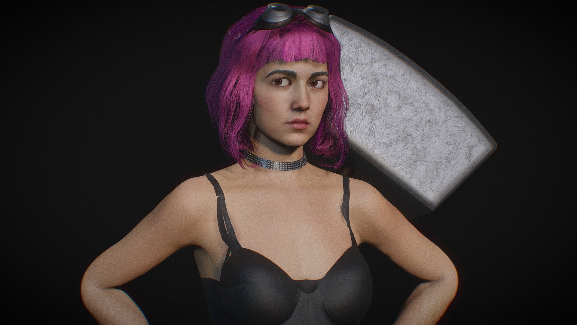 Ramona Flowers from Scott Pilgrim . series film female model. mixamo bone names for animations. sss subsurface scattering. body fully rigged.  basic face rig. model in blender file. Basic animation.
