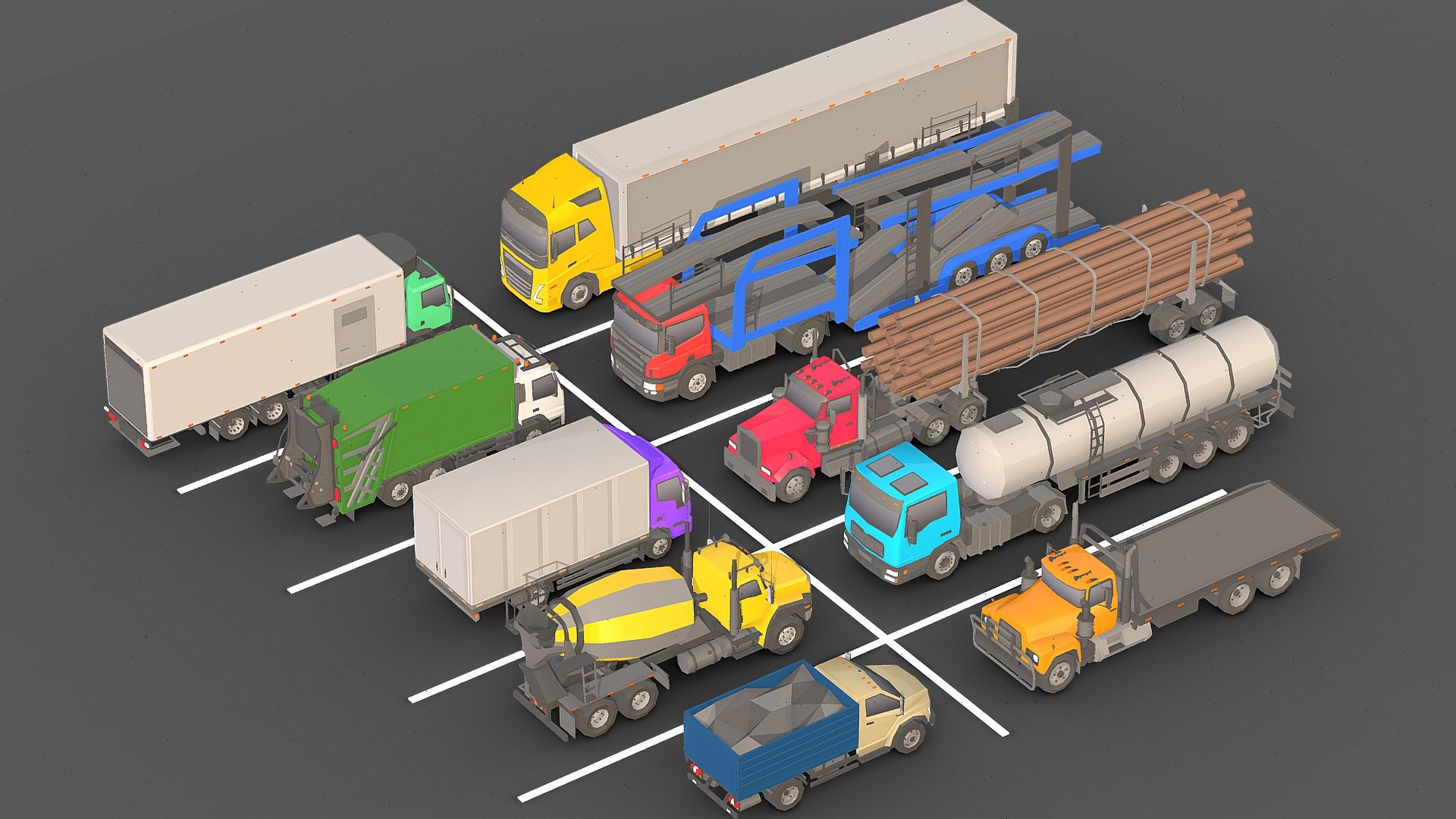 Low-poly Truck Pack 3D.

You can use these models in any game and project.

This package includes 10 trucks and 4  trailers .

This model is made with order and precision.

The color of the body can be changed.

Separated parts (body. wheel.Trailers ).

Very low poly.

3000 - 7000 triangles per Truck .

Texture size:256 (PNG).

Number of textures: 1.

Number of materials: 1.

format: fbx, obj, 3d max