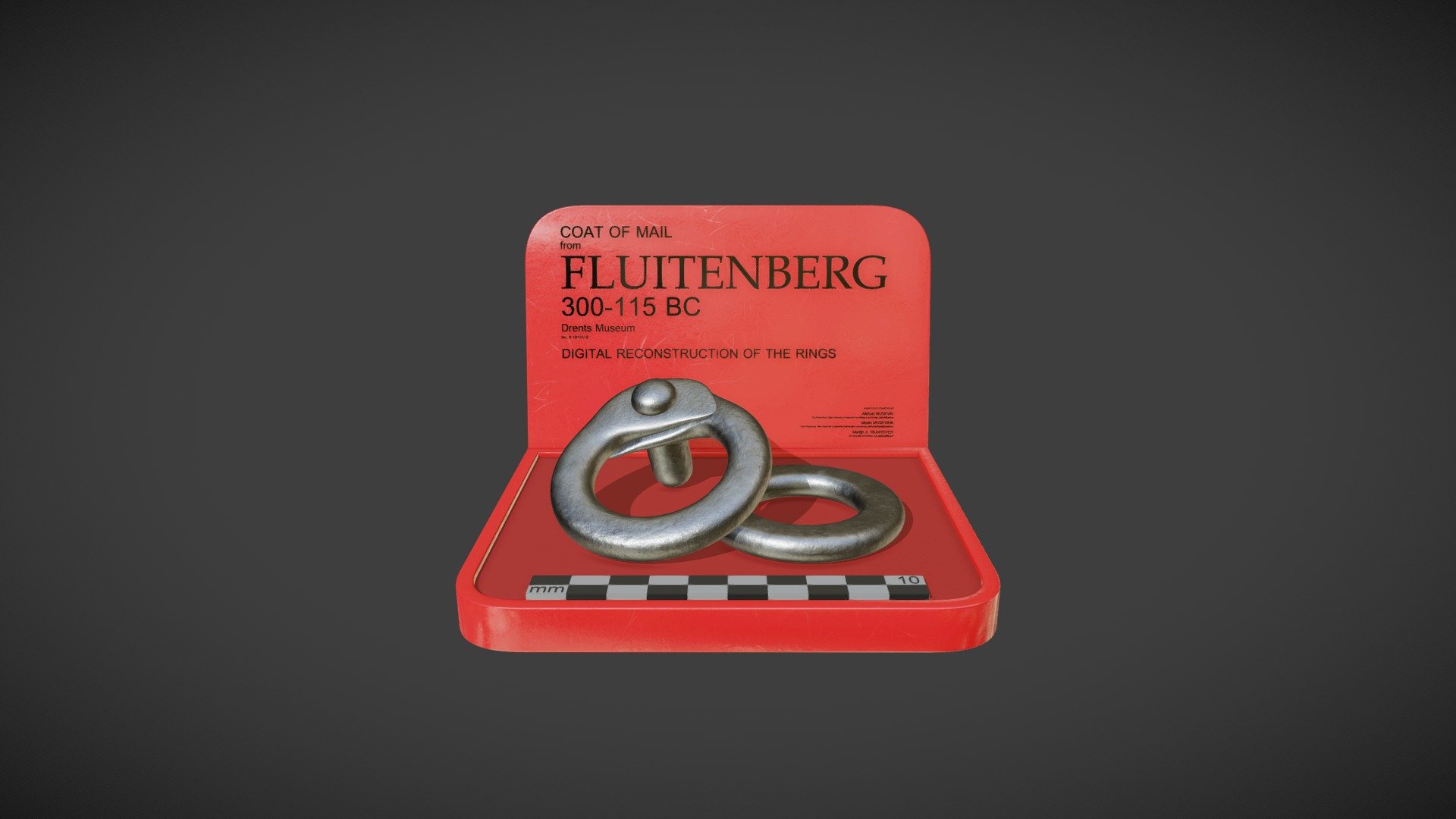 The 3D model presents a digital reconstruction of solid and riveted rings of archaeological mail armour. To create 3D models of the rings, we used polygonal modelling functions of Blender software. In order to record the relevant measurements of the mail rings, we used a list of parameters. This list includes 11 parameters for a riveted ring and four parameters for a solid ring. The accuracy of the digital replicas of the rings was 0.01 mm. The authors of the reconstructions are 

Aleksei Moskvin (Saint Petersburg State University of Industrial Technologies and Design) 
https://independent.academia.edu/AlekseiMoskvin

Mariia Moskvina (Saint Petersburg State University of Industrial Technologies and Design) https://independent.academia.edu/MariiaMoskvina

and Martijn A. Wijnhoven (VU University Amsterdam) 
https://vu-nl.academia.edu/MartijnAWijnhoven 

DOI: https://doi.org/10.13140/RG.2.2.17327.66725