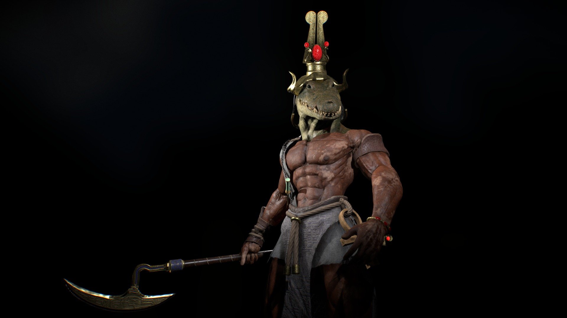 Inspired by the ancient egyptian god Sobek. carrying his scepter there isn't anyone who can stand in his way.
intended for realtime use in unreal engine. 
if purchased you will also find an attached Apose with a rig for this character, however the mouth is not rigged but can be opened manually(I'm not a rigging artist, so the rig isn't perfect but does the job for posing and animating)
all the best - Fred