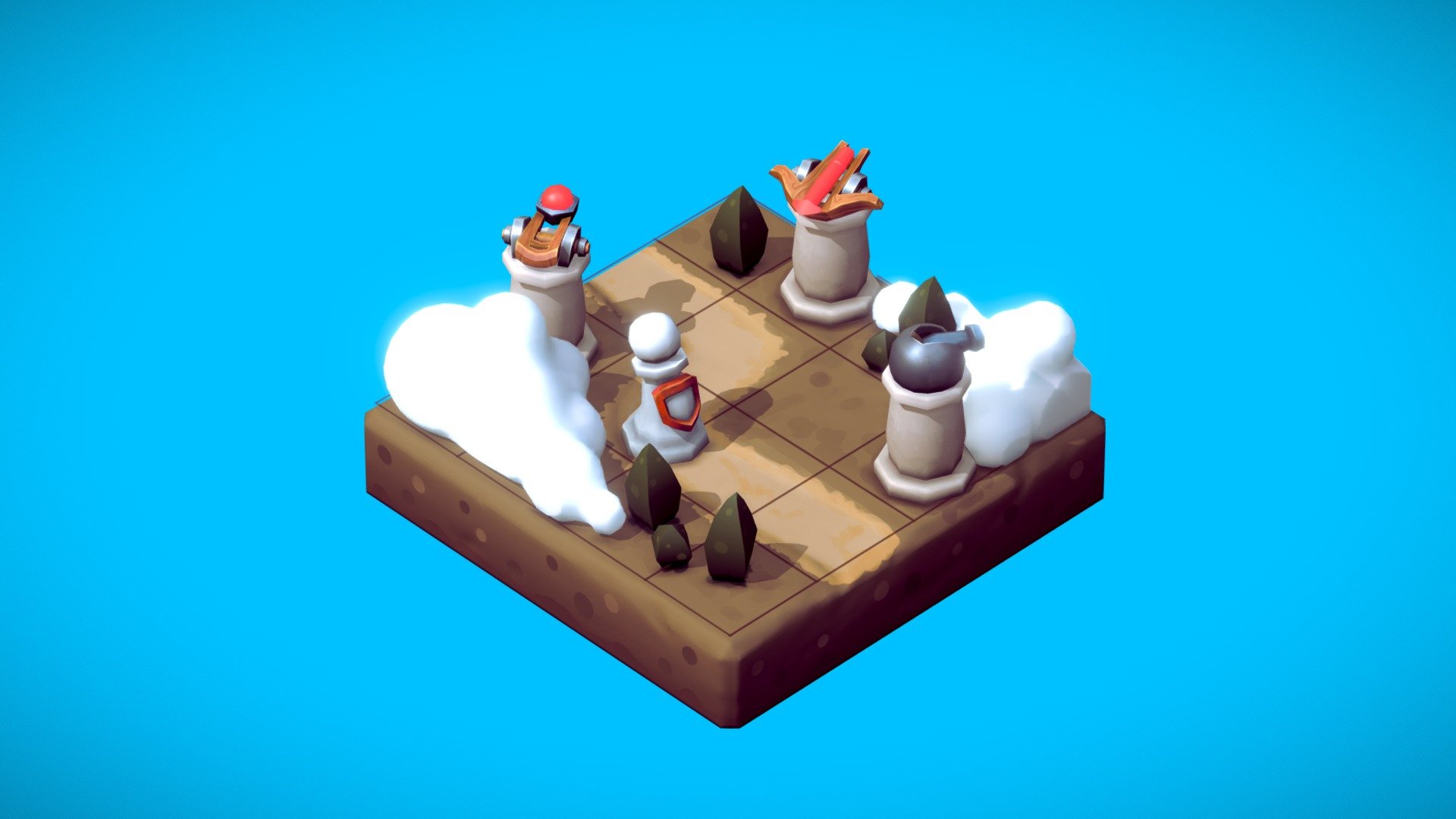 Animated diorama featuring the towers and enemies from Towerino, a free tower defense mini-game.
Too bad that the only tower doing it's job is Ballista Tower, the other two surely won't get paid.




Blender: Modeling, textures and animation.

Gimp: Tonal correction and texture dilation.

More about this at ArtStation. Hope you like it! 😊

.


Store
ZIP file includes source Blender file with towers and enemies in an empty scene.