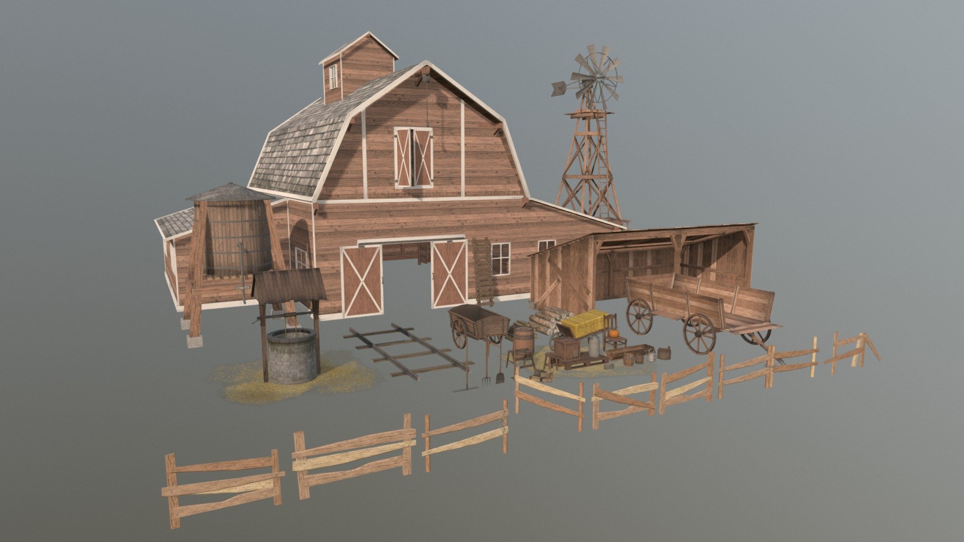 This package contains a set of high quality models to bring your farm scene to life! It was designed for realtime applications but works fine in any render scene as well!  

Feel free to check out my website for further details and purchase options.
https://polycrane.wixsite.com/polycrane

To see the different parts closer check here:   https://sketchfab.com/PolyCrane/collections/farm-assets-pack