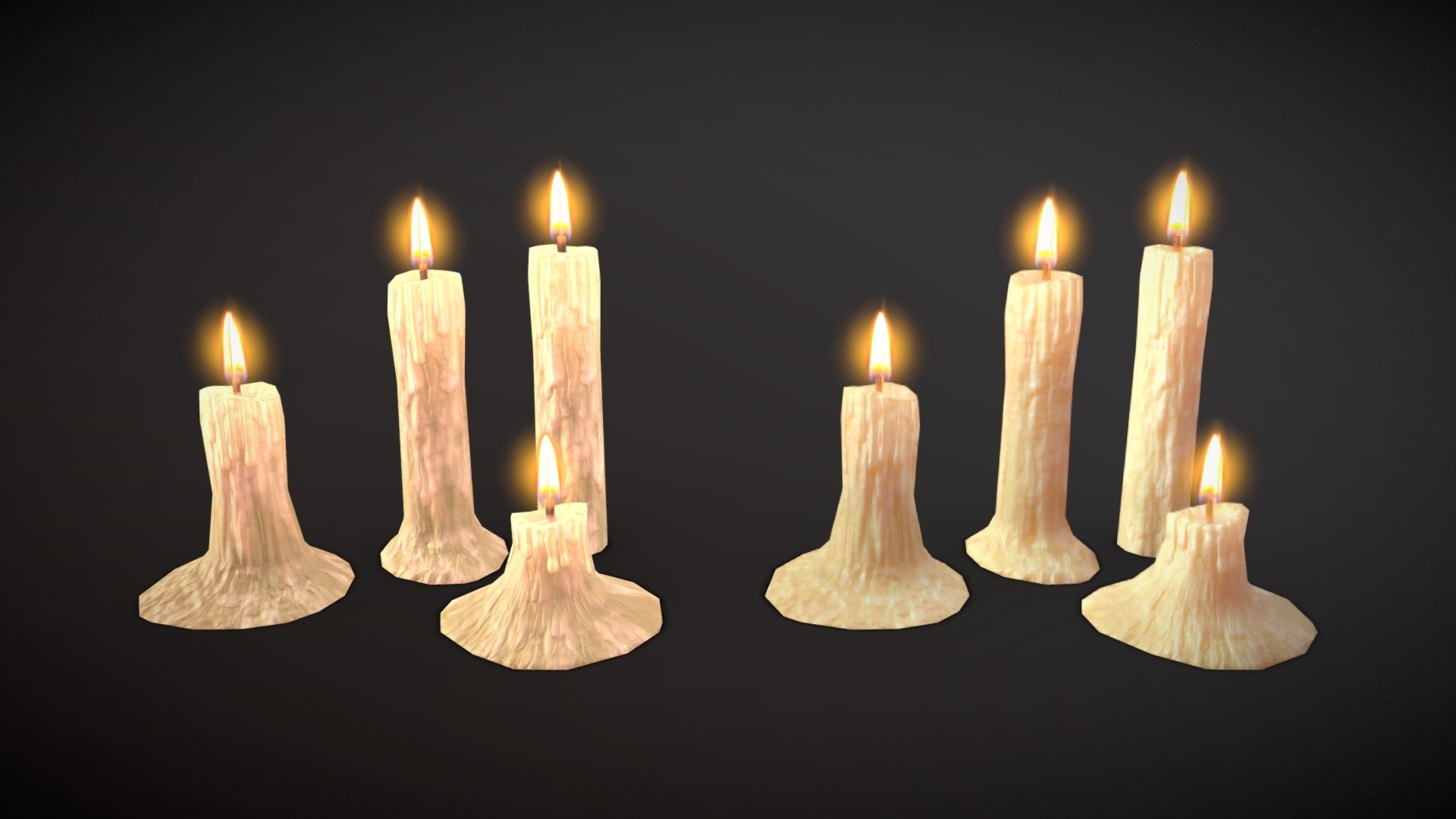 Set of 4 lowpoly candles.

2048x2048 textures: base color, roughness, normal and emissive.
The flame uses a 512x512 image with alpha transparency.

The emissive texture is intendede to be used to simulate the efect of the light glowing through the candle, this effect can be improved using subsurface scatering. The candles on the left only use the emissive texture, the ones on the right use both the emissive texture and a subsurface shader.

Formats: .fbx and .obj

Individual files for each piece are included in the Additional File.