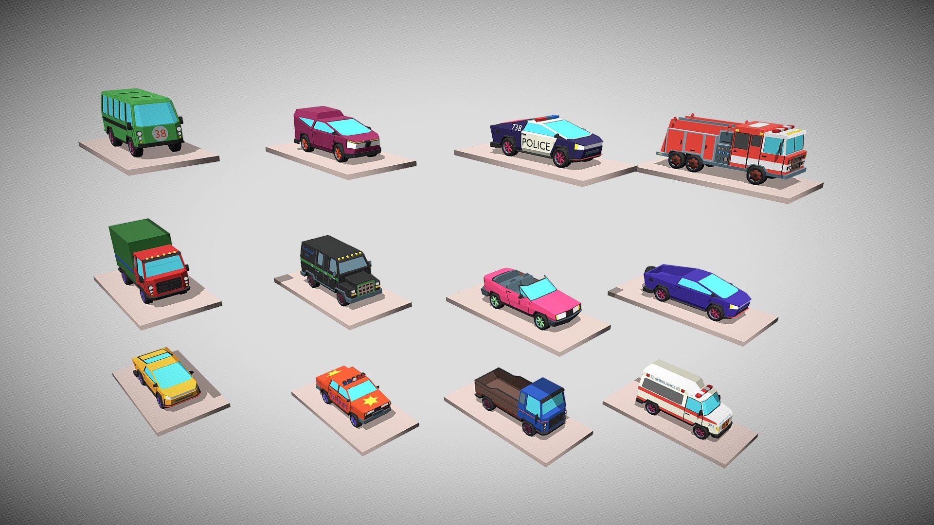 low_poly_cars

Minimal design and simple form.

Simple interior (steering wheel, panel, seats).

Ready to use for game, virtual reality, augmented reality, renders, animation, design and other.

files: unity package\ blender\ c4d \ maya\ 3dsmax\ fbx \ obj

55k triangles full set.

One texture and one material are used for the whole set.

If you liked this set, please leave a review! It will help me to create even more product and please you!