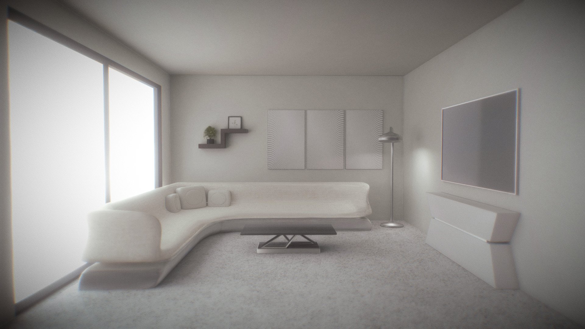 Clean white modern living room which I made in my spare time, really enjoyed making this one! All the furnishing textures are baked :).