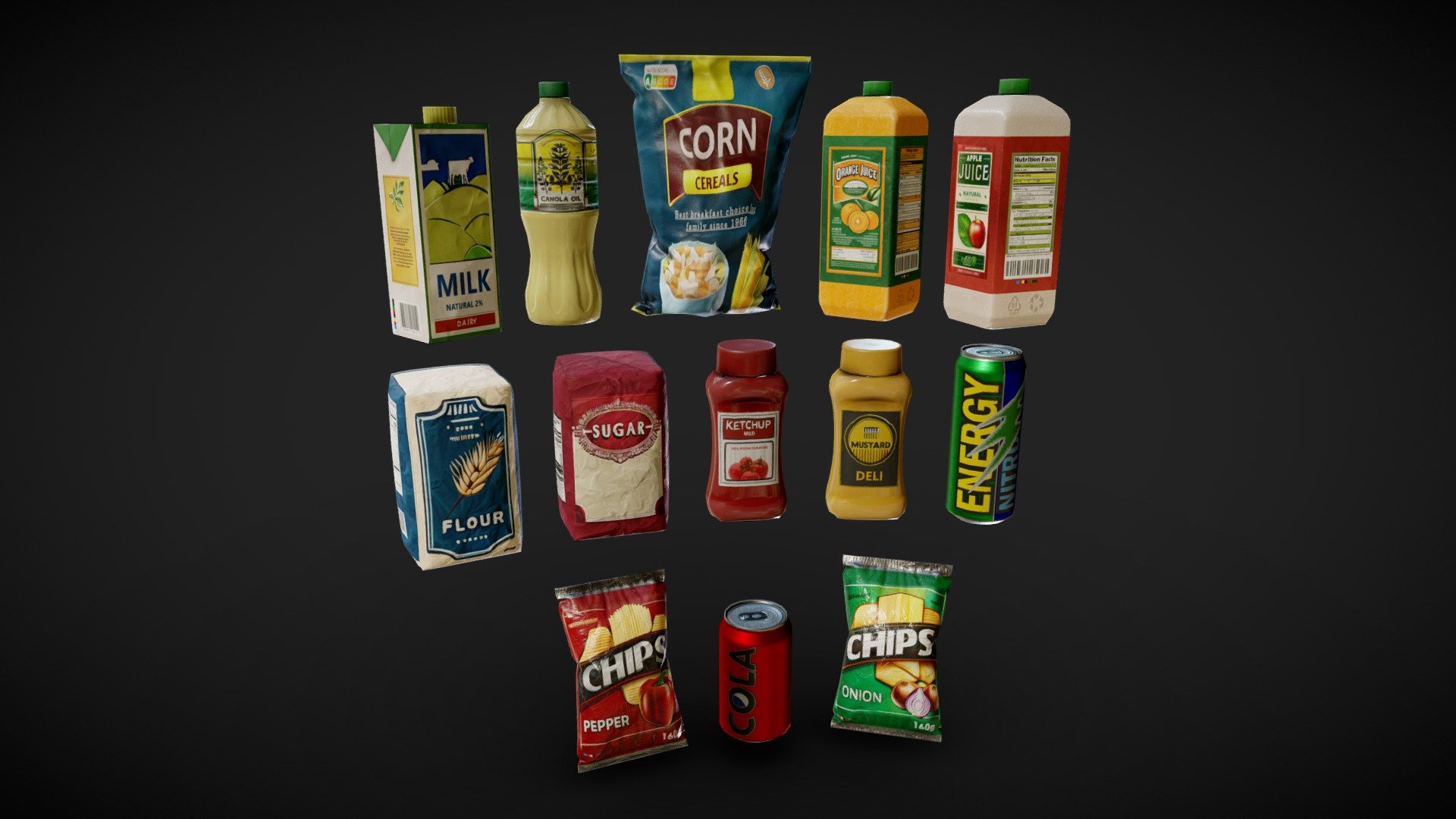 A pack of optimized, game-ready 13 different food assets.




Created in Blender 3.5

Triangle count for each asset visible in 3D View

PBR Metal-Rough workflow

One, 2048x2048 BaseColor-Normal-Roughness-Metalness-AO texture set, PNG format.

Pack contains:




Milk

Oil bottle

Onion chips bag

Pepper chips bag

Cereals bag

Apple juice

Orange juice

Mustard

Ketchup

Sugar

Flour

Energy drink

Soda can
