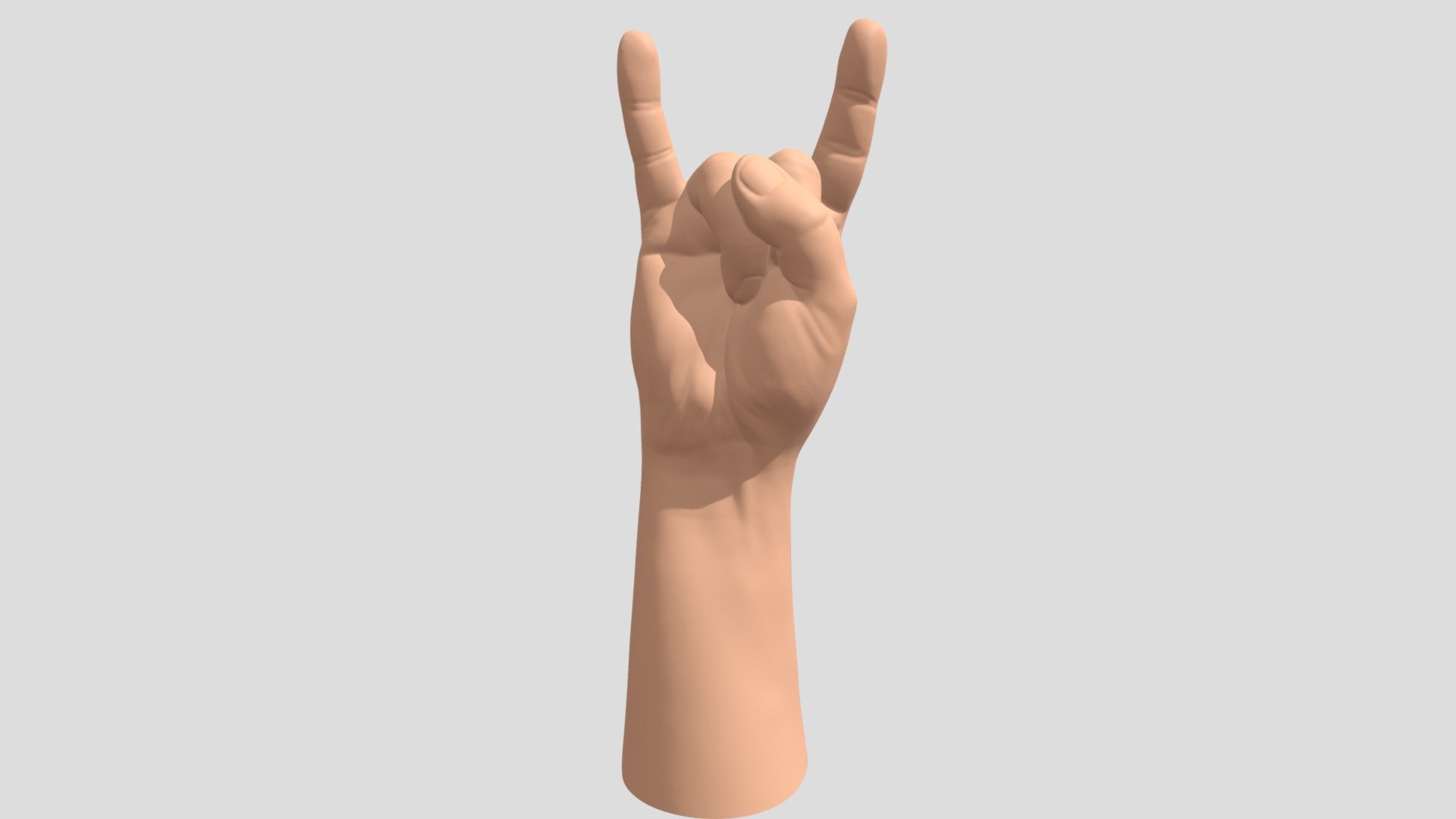 The 3D model is a 3D scan of a human hand in devils horn position. It is cleaned up and optimized in Zbrush. The fingers are positioned in the Sign of the horns position. I preserve much as possible from the arms. So you can cut it where you like and 3D print it for a table- or wall decoration for example. The 3D model of the hands can used as a reference for modeling , retopology and 3D print. The size of the model is true to scale.