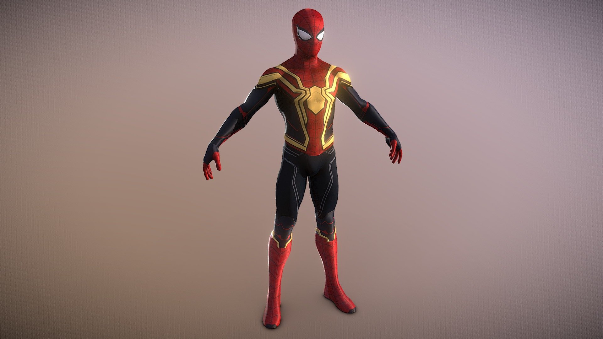 The Hybrid Suit consists of the MCU's Upgraded Suit with some nanites from the Iron Spider Suit added over it that form a golden spider emblem in the front and back of the suit. 
Spider-Man's Hybrid Suit is conceived after the nanites used to control Doctor Octopus' tentacles were retrieved back to Peter. Following May Parker's death at the hands of Raimi-Verse's Green Goblin, Peter uses this suit, with the help from his two older counterparts from modern Marvel live action universes prior to the Marvel Cinematic Universe to prepare for their final battle against all of the Spider-Man villains from other dimensions on Liberty Island where the Liberty Statue now has Captain America's Shield since his presumed sacrifice back in Avengers: Endgame. After Doctor Strange casts a spell to make the world forget Peter Parker had ever existed in order to send the villains and other Spider-Men home, Peter later abandons this suit in favor of a much simpler homemade suit lacking any Stark technology,