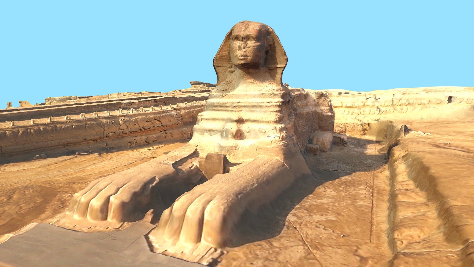 The Great Sphinx of Giza is a limestone statue of a reclining sphinx, a mythical creature with the head of a human, and the body of a lion. Facing directly from west to east, it stands on the Giza Plateau on the west bank of the Nile in Giza, Egypt. The face of the Sphinx appears to represent the pharaoh Khafre.

The original shape of the Sphinx was cut from the bedrock, and has since been restored with layers of limestone blocks. It measures 73 m (240 ft) long from paw to tail, 20 m (66 ft) high from the base to the top of the head and 19 m (62 ft) wide at its rear haunches. Its nose was broken off for unknown reasons between the 3rd and 10th centuries AD.

The Sphinx is the oldest known monumental sculpture in Egypt and one of the most recognisable statues in the world. The archaeological evidence suggests that it was created by ancient Egyptians of the Old Kingdom during the reign of Khafre (c. 2558–2532 BC).
Source: Wikipedia.org