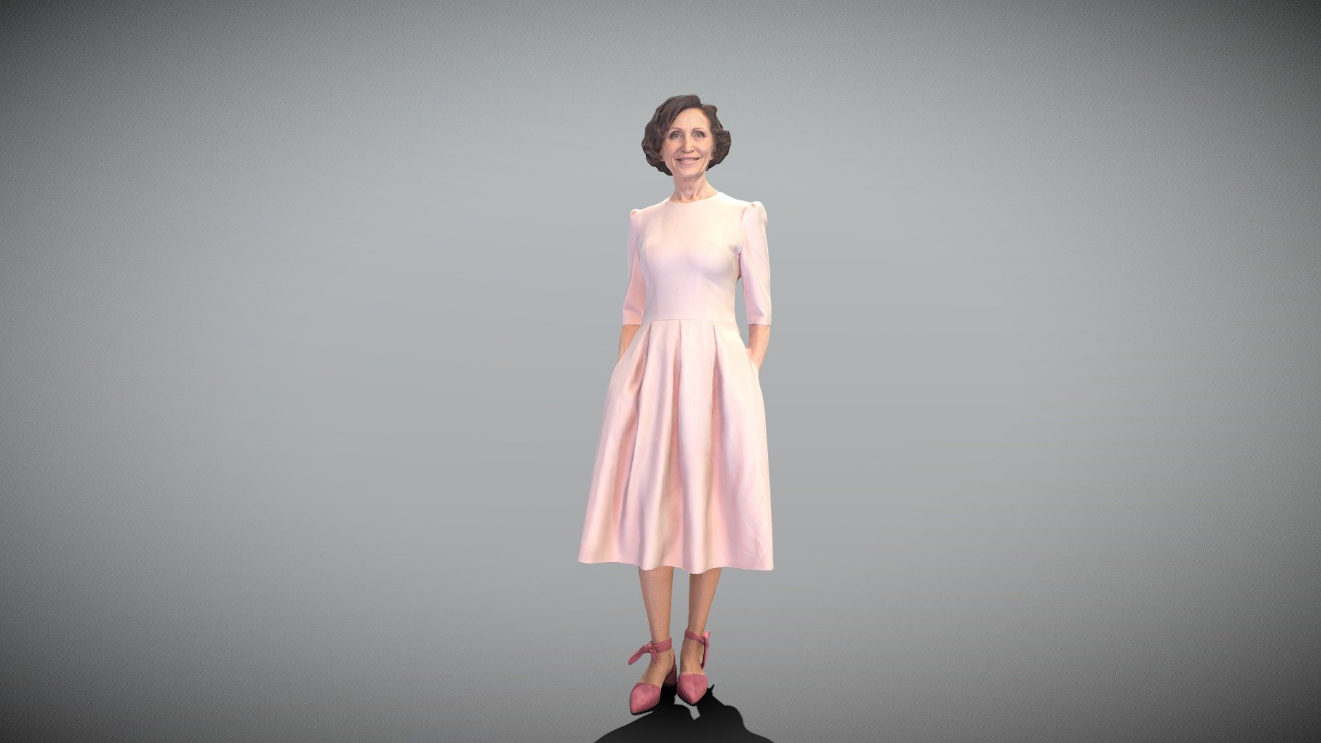 This is a true human size and detailed model of a beautiful mature woman of Caucasian appearance dressed in elegant dress. The model is captured in casual pose to be perfectly matching for various architectural, product visualization as a background character within urban installations, city designs, indoor/outdoor design presentations, VR/AR content, etc.

Technical specifications:




digital double 3d scan model

150k &amp; 30k triangles | double triangulated

high-poly model (.ztl tool with 5 subdivisions) clean and retopologized automatically via ZRemesher

sufficiently clean

PBR textures 8K resolution: Diffuse, Normal, Specular maps

non-overlapping UV map

no extra plugins are required for this model

Download package includes a Cinema 4D project file with Redshift shader, OBJ, FBX, STL files, which are applicable for 3ds Max, Maya, Unreal Engine, Unity, Blender, etc. All the textures you will find in the “Tex” folder, included into the main archive.

3D EVERYTHING

Stand with Ukraine!