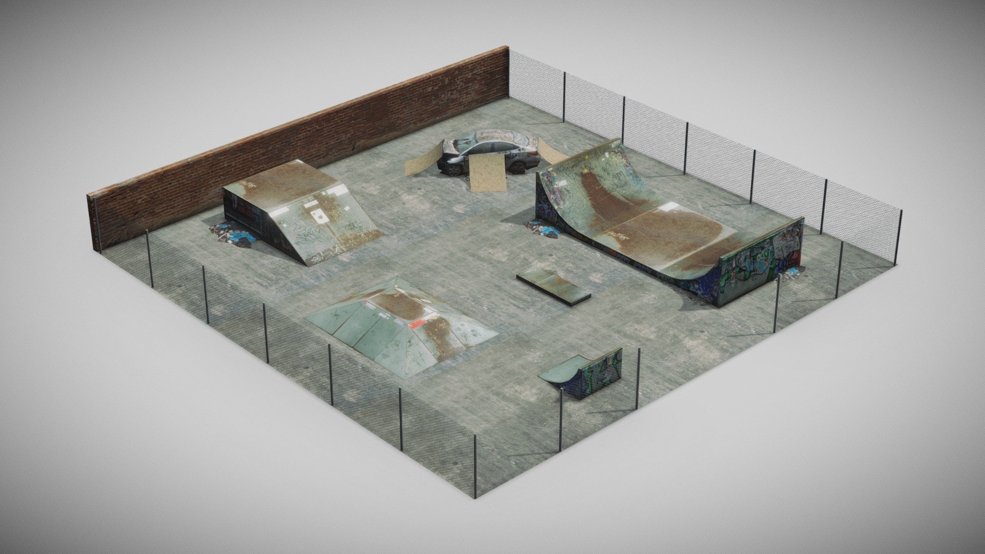 GET IT ON FAB
Low Poly old skatepark made using photo textures.

3D Scanned car by vslite CC-BY

A skatepark, or skate park, is a purpose-built recreational environment made for skateboarding, BMX, scootering, wheelchairs, and aggressive inline skating. A skatepark may contain half-pipes, handrails, funboxes, vert ramps, stairsets, quarter pipes, ledges, spine transfers, pyramids, banked ramps, full pipes, pools, bowls, snake runs, and any number of other objects.