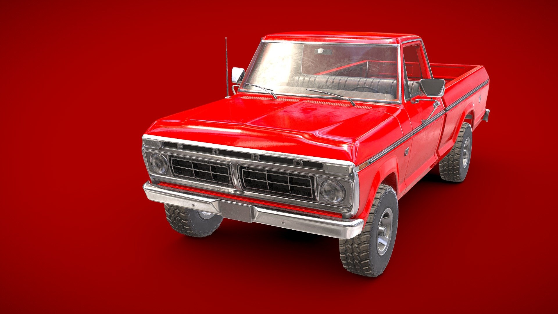 This is a classic American pickup truck made by Ford Motor Company in 1976. The model(64 202k tris) is a real world scale AAA game ready asset with realistic textures in a quite new state, the model is positioned on the center of the world with Z axis up and facing to X axis. This asset has modeled lights, full details interior and exterior, openable doors and a high detail under car with a functional suspension. Doors, wheels and steering wheel are separated objects with the pivot in the right position for an easier animation.

We will be happy to help you if you need any assistance with this asset. (Any future improvement or update of this asset will be included in this purchase)