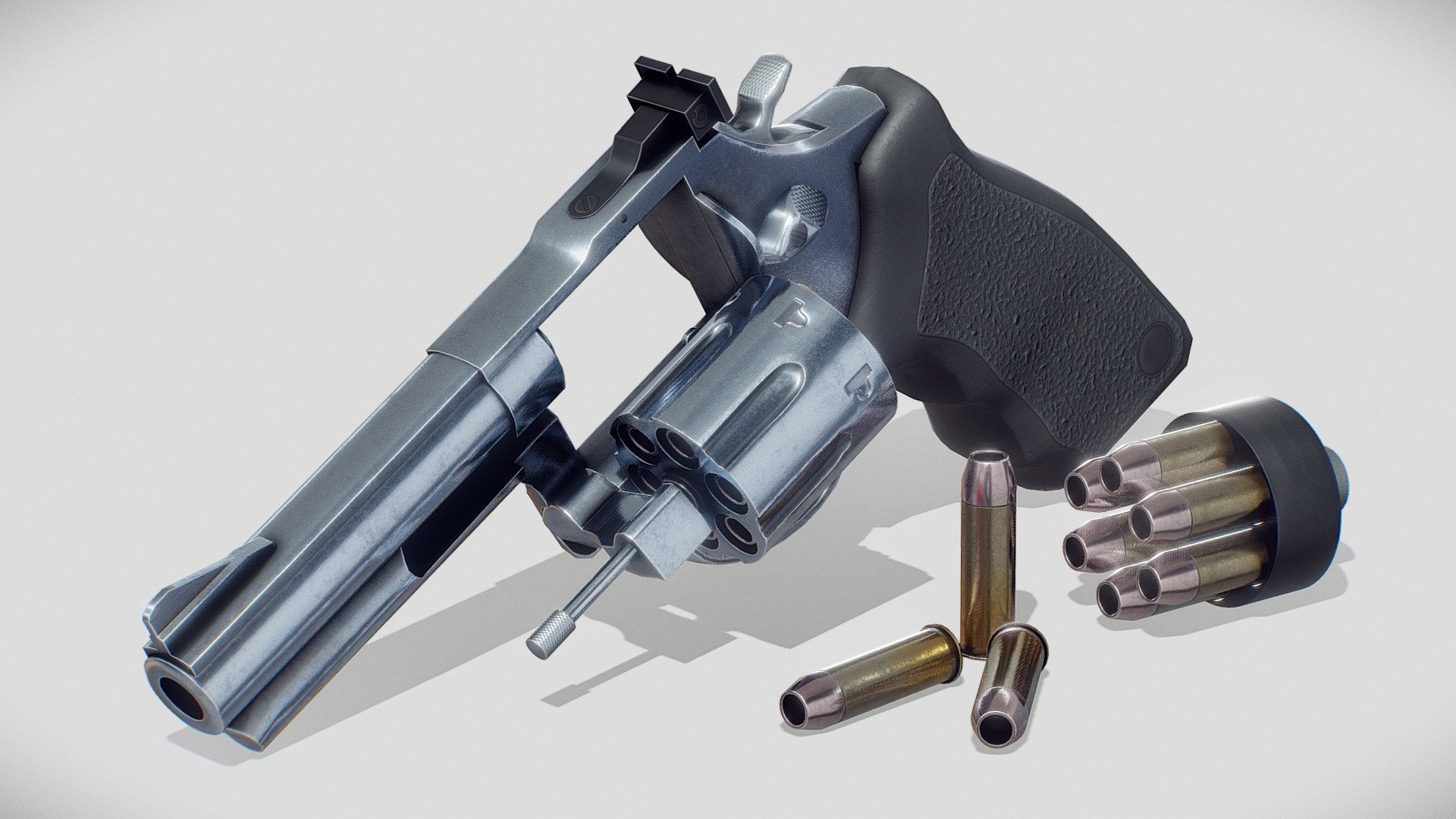 AVAILABLE ON FAB
6 shooter, game ready revolver.

Single material with 4k PBR textures for the revovler and separate material with 2k texture for teh speed laoder.