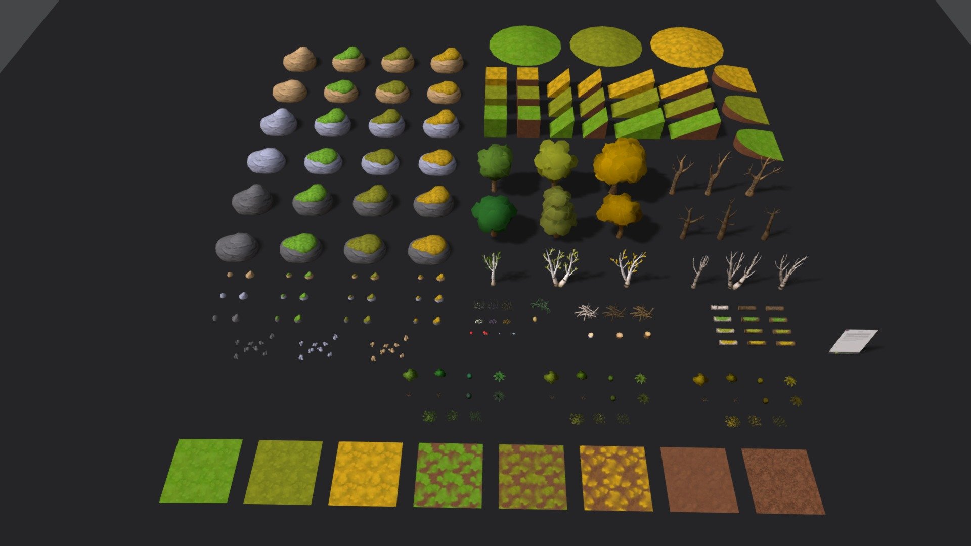 This package allows you to build different forests

OPTIMIZED MOBILE (LOD for trees)


Textures



15 Atlases of textures : Atlas_Forest_1 + Atlas_Forest_2 (2048-2048 px), Atlas_Rocks (1024-1024 px) in 3 colors. 3 variants in green, mustard, yellow for all

8 Tileable textures in 512px


Package contains 88 meshes
Props




1 Hive, 3 Pile of branches (beech, birch, oak), 3 TreeStump (beech, birch, oak), 3 TreeTrunk (beech, birch, oak), 3 TreeTrunk_Moss (beech, birch, oak).

Rocks




RockBig_A and RockBig_B, RockBig_A_Moss and RockBig_B_Moss, RockLittle_A , RockLittle_A_Moss, RockLittle_B, RockLittle_B_Moss, RockLittle_C_GRP. 

Trees




3 Beeches, 3 Birches, 3 Oaks, 3 Dead Beeches, 3 Dead Birches, 3 Dead Oaks.

Vegetation




1 Brambles, 3 bushes, 3 Dead Bushes, 1 Fern, 1 Dead Fern, 6 groups of flowers, 4 Mushrooms, 3 Grass.

License included in texture  for clarity
