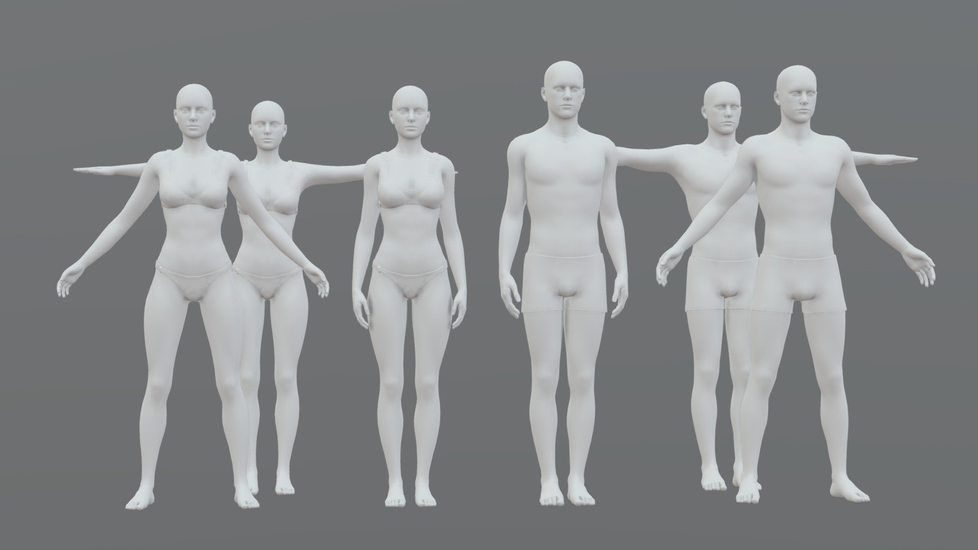Characters base mesh pack with UV's: Hands, Face, Body, Upper teeth, Lower teeth, Tongue, Eyes, Nails