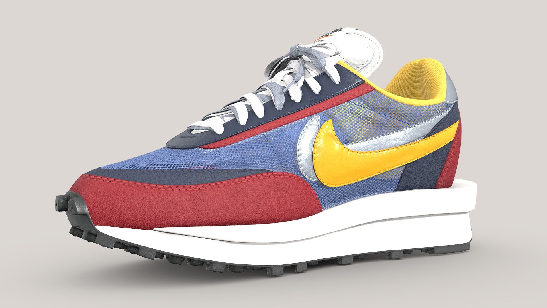 Nike Sacai LD Waffle in the Varsity Blue Colourway. This is one of the original colourways that released in 2019.

This model is a 1:1 replication of the original. All dimensions, angles, and curves are the same as the real life counterpart. The shoe is subdivision ready with a base polycount of 23,399 polys per shoe. The mesh uses four texture sets, all at 4096x4096 resolution, with the following maps in use: Base Color, Metallic, Roughness, Normal. The base color map contains the transparency information, so plug the alpha of the texture into the alpha channel, or alternatively put the base color texture where the opacity should go

Included is a One Mesh version which uses just 1 texture map per shoe,

The main Blender files contain the full texture setup. The mesh is subdivision ready so you can increase/reduce the subdivision count to achieve your desired look.