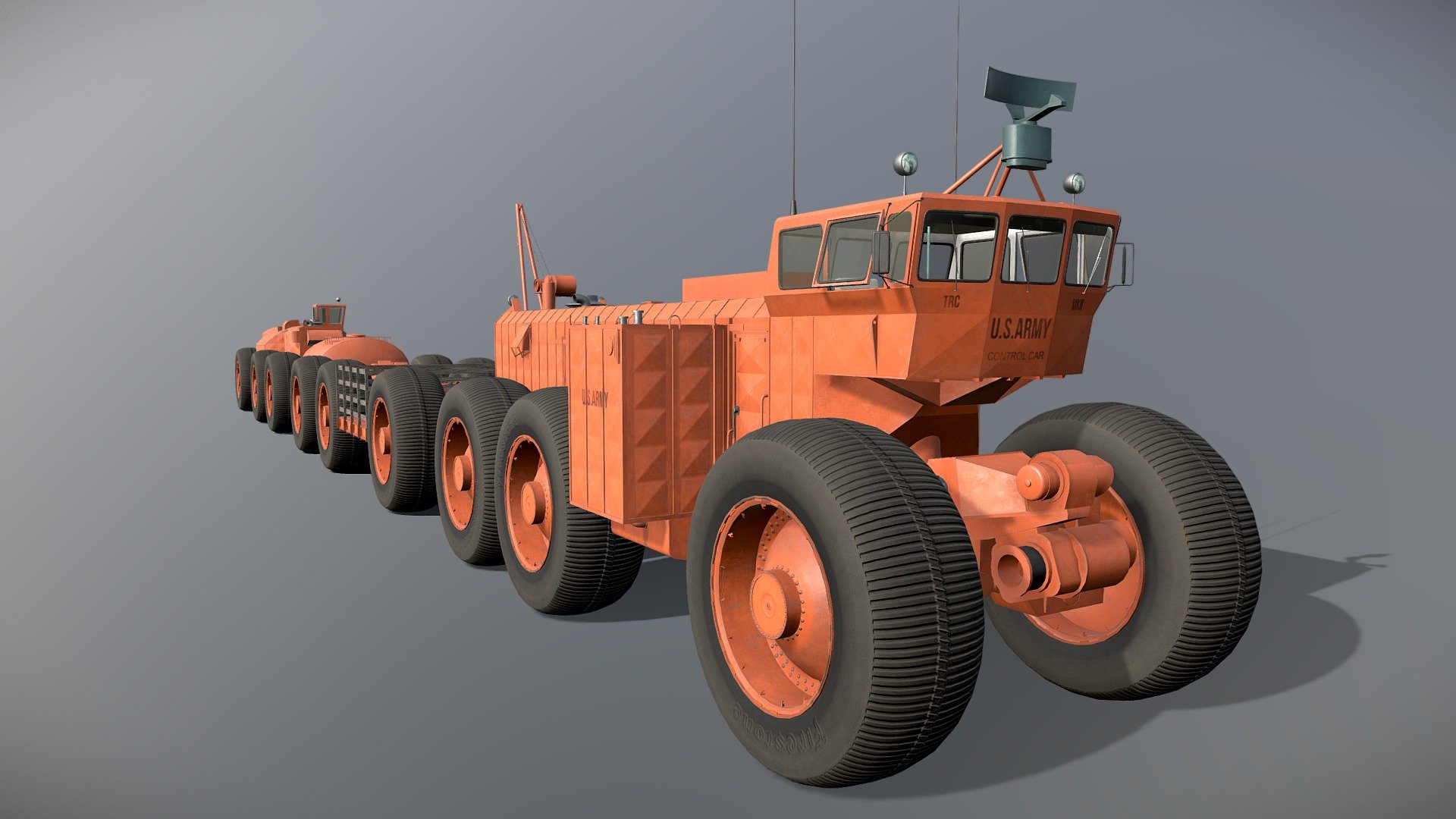 In the 1950s, LeTourneau Inc. developed several overland trains, essentially oversized semi-trailer trucks that could travel over almost any terrain. Their intention was to be able to handle logistics needs without being dependent on local road or rail systems, allowing them to operate in back-country areas. The US Army had three experimental units built, the largest reaching almost 600 feet (183 m) long, which holds the record for the longest off-road vehicle. The Mark II had a much larger six-wheeled cab that was over 30 feet (9.1 m). The turbine engine was much smaller than the diesel it replaced, allowing the interior to support a crew of six with sleeping quarters, toilets and a galley. It was even equipped with a radar. An additional two power cars and ten cargo cars were built for testing. In total the train now stretched over 570 feet (170 m).