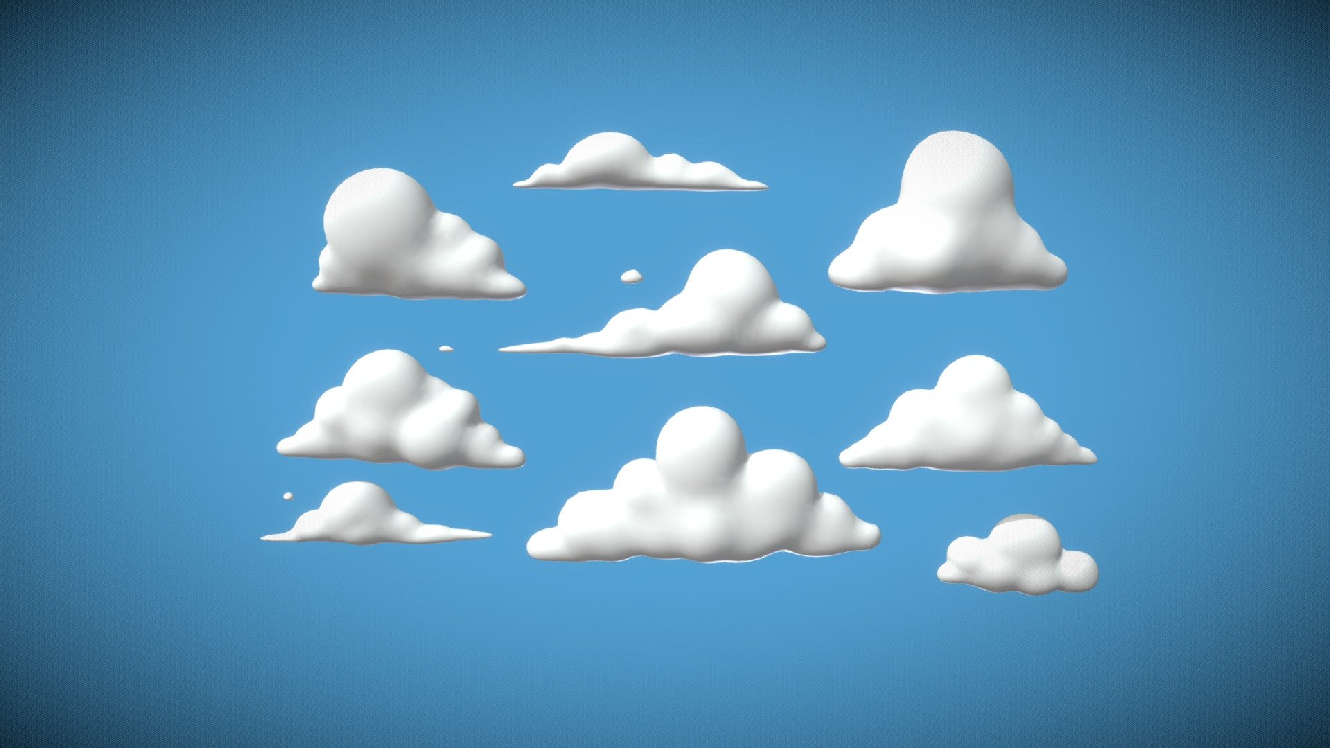 Cartoon clouds pack All seperated in differtent .obj files (and files with them all together in FBX, OBJ and BLEND) Polycount differce from cloud to cloud. Most of them are around the 1000 faces. Smallest is around 800 faces. Total amount of faces 9591 Total amount of vertices 9599

If you have any questions or requests regarding these or other models, let me know.