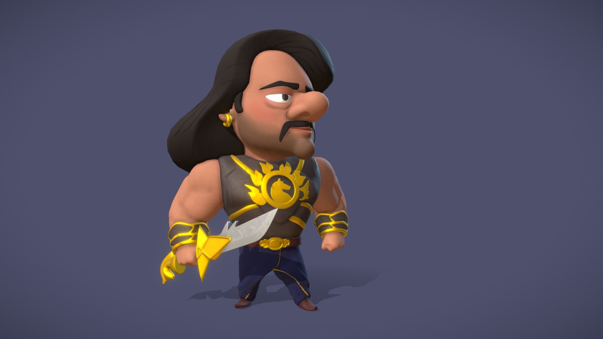 A cartoony Bahubali with his sword. Bahubali is the hero from the superhit Telugu film of the same name. The role was played by the actor Prabhas.

Made in Blender.