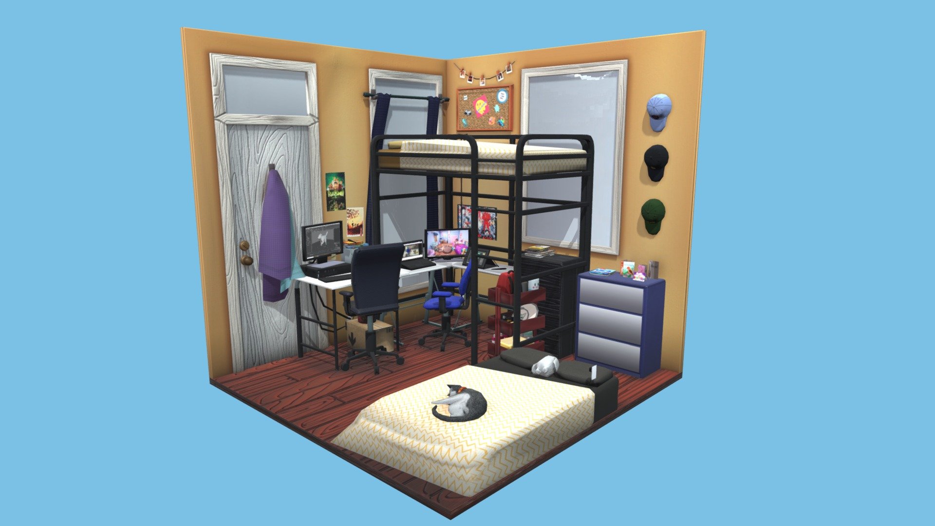 An isometric model capturing my former roommate and I's senior college bedroom! Some items were lost to keep the room 1x1, but otherwise this is what it looked like. Accurately cramped and cat-included.

See more of my work on Artstation at :
artstation.com/pcollins3d

And get the pins shown on the corkboard from BooJuice pins, my friend's company, on etsy @boojuicepins!