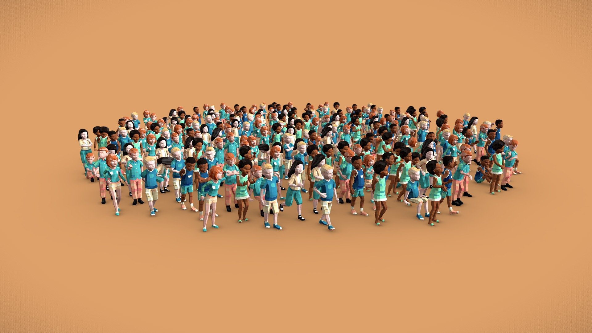 Crafted from 6 unique little kid characters and 40 poses, this pack is perfect for creating lively and playful scenes. Though they can all share a single texture, 21 additional texture variants are included, allowing quick changes in color styles. Each character averages 800 polygons (or 1,600 triangles).

Ideal for architectural visualizations and graphic design!

Files are conveniently organized in two ways:




6 scene files, each containing 40 poses.

240 individual files, one for each pose, with meaningful filenames to identify characters and poses.
Available in MAX, FBX, and OBJ formats.

This pack if subset of: 4,000 Posed People Ultimate for ArchViz

See also the rigged characters for animations and games: Little Kids Low Poly Rigged Pack