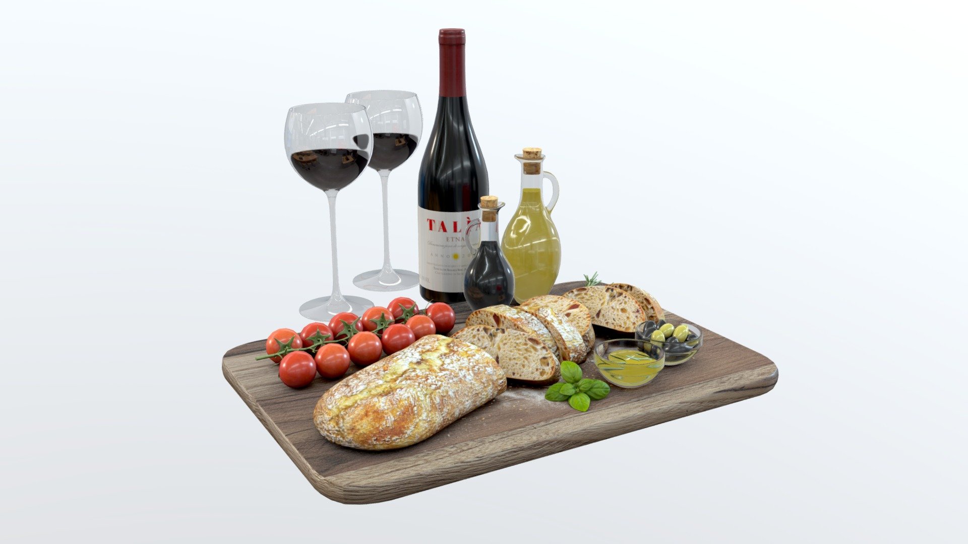 High-quality 3d model of a Bread Board with cherry tomatoes, olives, olive oil, vinegar, basil, rosemary, and wine.
PBR materials.