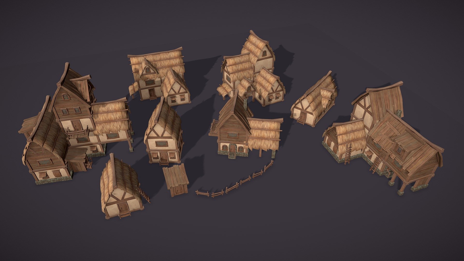 Low poly hand painted medieval houses set. 




.fbx format

5300 polys in biggest house

8 unique models of houses, shelter, fence 

two textures: diffuse map 1024px in .png format

elements for creating new houses: roofs, walls, fence, door, windows and others
