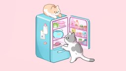 Cats on a Fridge cat, cute, b3d, neko, kawaii, flatcolor, substancepainter, substance, blender, lowpoly, hand-painted, stylized, handpainted-lowpoly