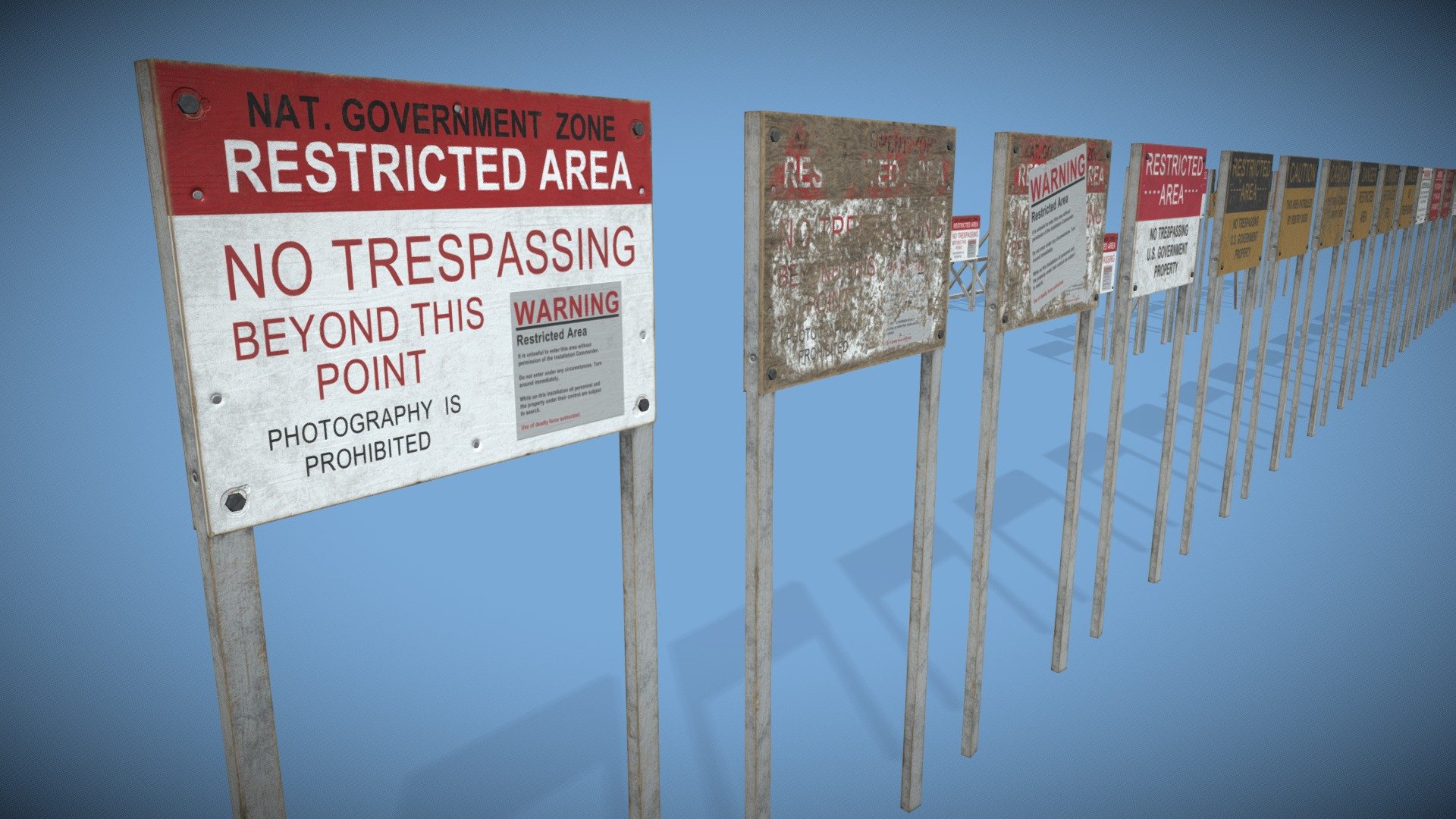 A large collection of ominous &amp; threatening Danger / Warning / Hazard / Caution / No Tresspassing signs deterring nosy civilians or reporters from venturing too close to a Top Secret Military Base or hidden research facility. The first row of signs demonstrates all the texture variations available, the following rows illustrate model variations that are included in the package.