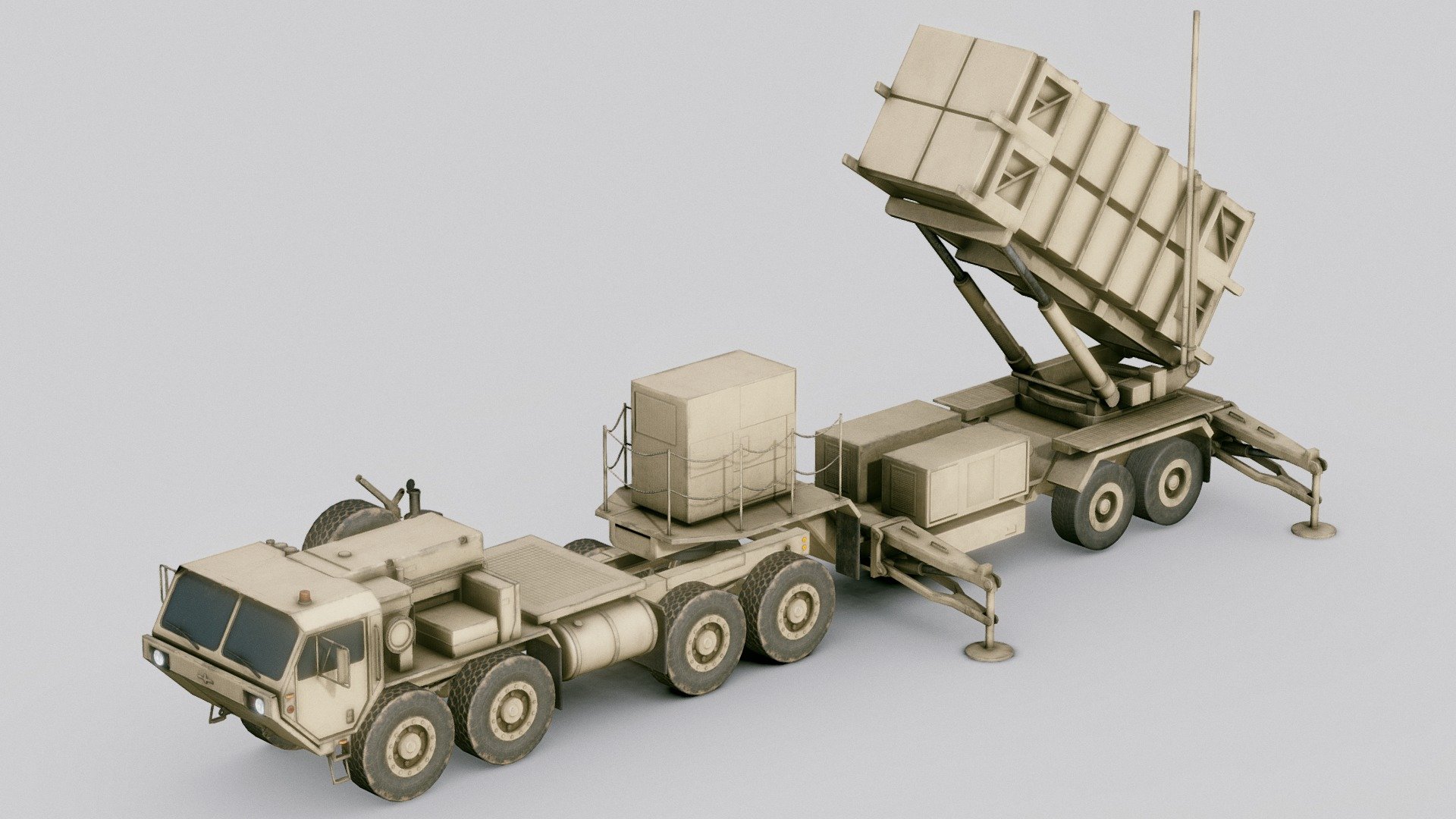 AVAILABLE ON FAB 

Check out this collection for more: US army vehicle models


The MIM-104 Patriot is a surface-to-air missile (SAM) system, the primary of its kind used by the United States Army and several allied states. The Patriot system replaced the Nike Hercules system as the U.S. Army's primary High to Medium Air Defense (HIMAD) system and replaced the MIM-23 Hawk system as the U.S. Army's medium tactical air defense system. In addition to these roles, Patriot has been given the function of the U.S.
-Wikipedia