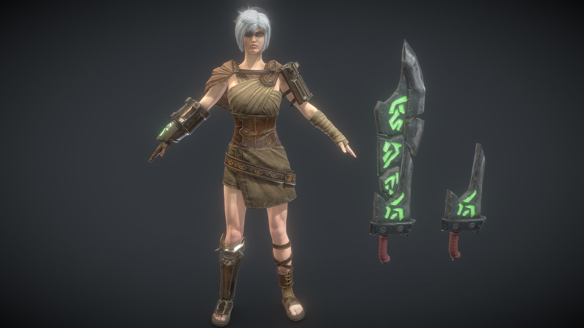 
Marvelous Designer
Maya
Zbrush
Xnormal
Subtance Painter
Toolbag



Use UE4 type mapping




BaseColor

Normal

ORM(AO,Roughness,Metal)

Emissive
 ..........



Hair Maps in UE4：

ALpha

Depth

Diffuse

ID

Root



Please download the model assets in the Additional file，thanks.