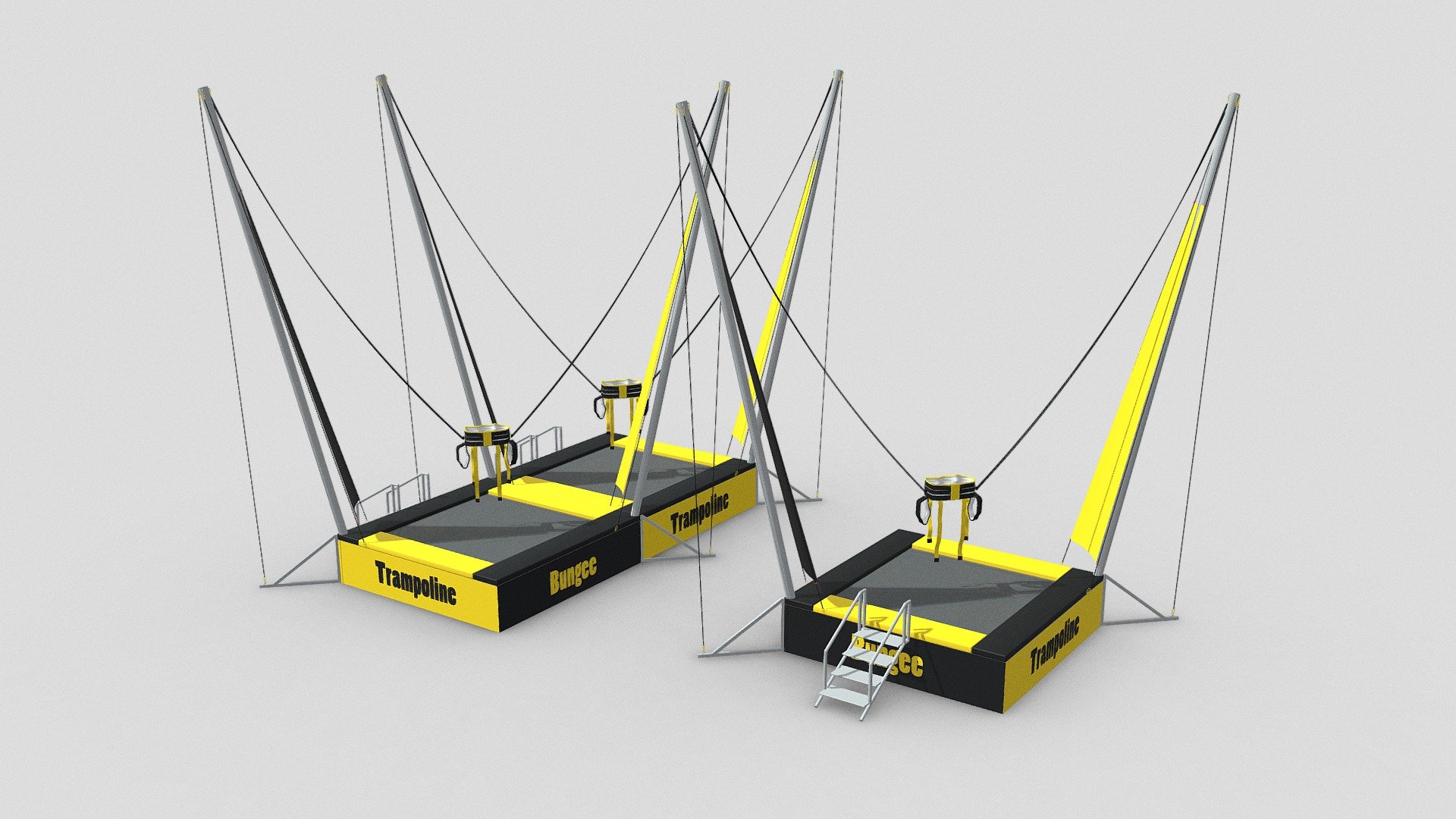 Single &amp; Dubel Bungee Trampoline with jumping mat.

Special sport jumping and bouncing recreational activity device, used for trampolining or trampoline gymnastics.

For modern extreme sport equipment, sport jumping accessories, sport bouncing devices, recreational activity equipment, trampolining gymnastic sport, and trampoline gymnastics projects design.

Bungee Trampoline is a high quality, photo real 3d model that will enhance detail and realism to any of your rendering projects. The model has a fully textured, detailed design that allows for close-up renders, and was originally modeled in 3ds Max 2017 and rendered with V-Ray. Renders have no postprocessing.

Hope you like it!

Ready to render Like previwe