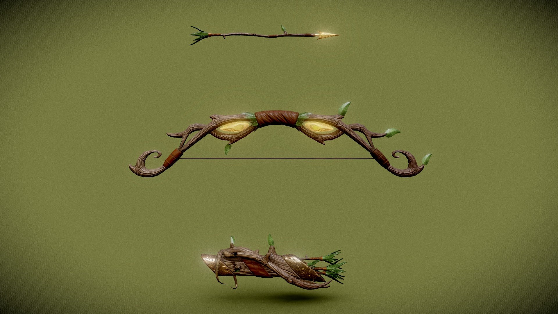 3D model of a stylized forest bow. About this model 1. 10K polyes 2. Clean Topology (Modeled using Blender) 3. High-quality details (sculpted using Zbrush) 4. Stylized and hand-painted (Textured using Substance Painter) 5. Includes all PBR textures.