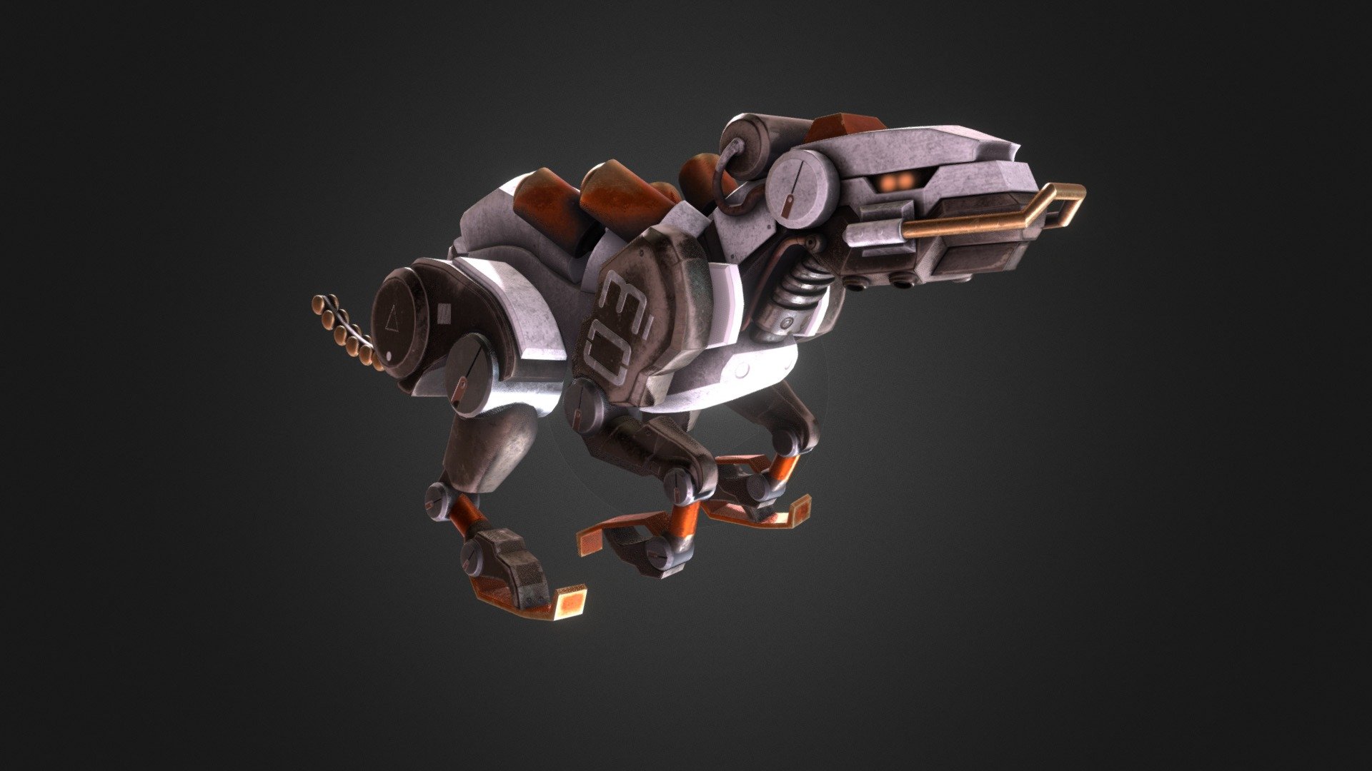 First animation attempt with a robot. Run cycle. Rig with joint and constraints. 
Model robot Jaguar!
Model, render and rig in Maya, texture in 3D-Coat. 

Original concept by @lambert_design