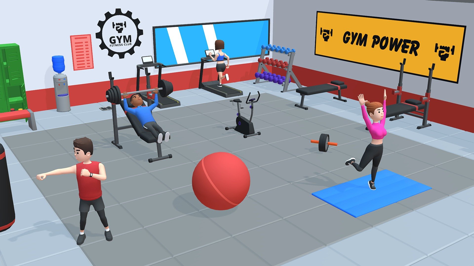 Lowpoly hyper casual simple gym ready for your videogames.

DESCRIPTION




Rigged characters.

2 Rigged base mesh (male and female).

Textures included.

Exercise machines included.

Demo Scene ready.

Prefabs Characters.

Prefabs props and building.

TECHNICAL DETAILS




Unity Package ready. Include .fbx files and Blender Native Project.

4 characters (.fbx).

Color textures (.png).

512x512 textures dimensions.

Rigging: Yes.

Animation: No.

UV mapping: Yes.

**Exported by Unity 3D 2021.2.14f **

**Check my content, you are sure to love it: **  thcyrax