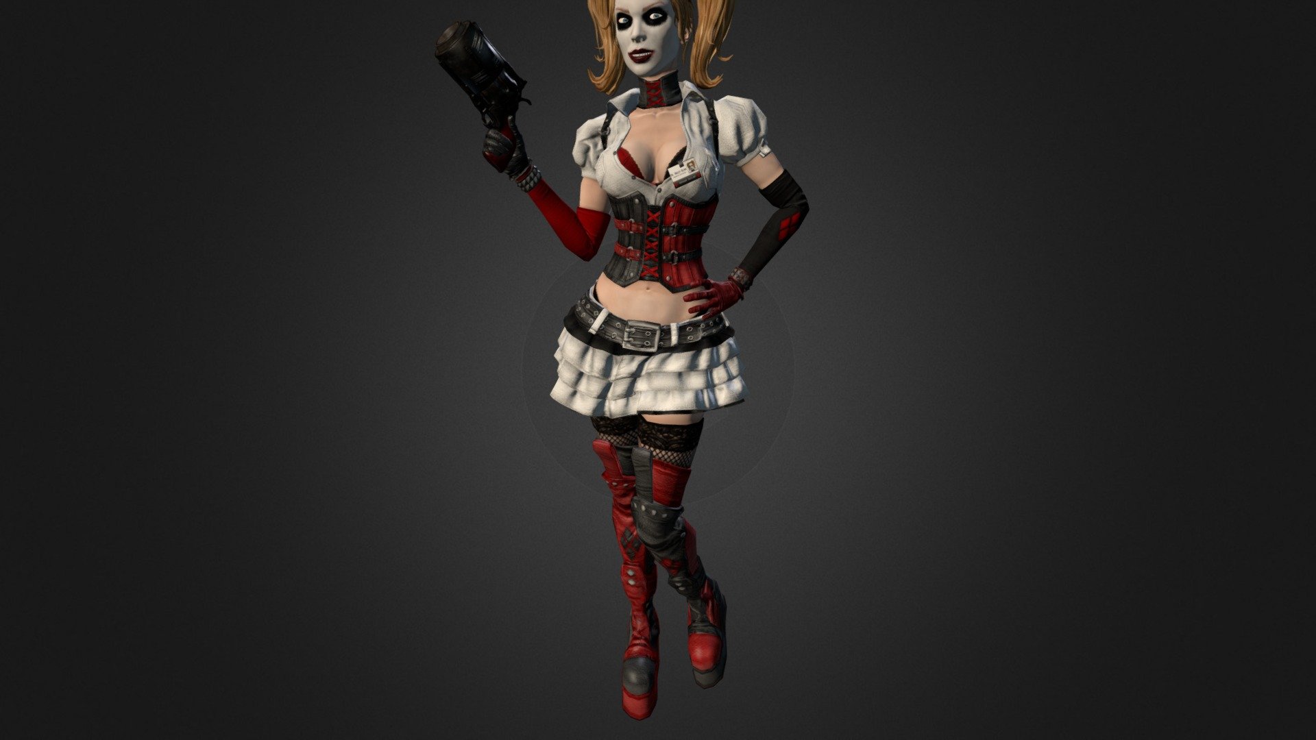 This is Harley Quinn from Dc comics universe. I have 3 differents UV maps with color/normal/specular.
More informations at http://www.francois-bonnet.com/#!harley-quinn/c1hb2