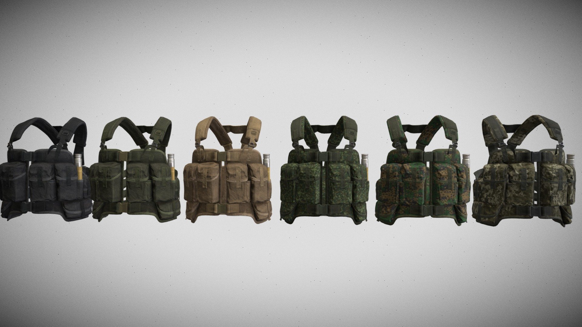 Game-Ready PBR low-poly model of a tactical vest.\nAll materials and textures are included.\nThe textures of the model are applied with UV Unwrap.\nNormal map was baked from a high poly model.\nIncluding 3dsmax and Blender, OBJ and FBX.\n\n10524 polygons\n17858 triangles\n9113 vertices\n\nMaps:\n\ntactical_vest_Normal.tga, tactical_vest_Specular.tga, tactical_vest_Metallic.tga, tactical_vest_AO.tga, tactical_vest_Diffuse_Sand.tga, tactical_vest_Diffuse_Green.tga   tactical_vest_Diffuse_Black.tga, tactical_vest_Diffuse_Camo_01.tga, tactical_vest_Diffuse_Camo_02.tga, tactical_vest_Diffuse_Camo_03.tga, tactical_vest_Culvature.tga, tactical_vest_Glossiness.tga, tactical_vest_Roughness.tga, tactical_vest_BaseColor_Sand.tga, tactical_vest_BaseColor_Green.tga, tactical_vest_BaseColor_Black.tga, tactical_vest_BaseColor_Camo_01.tga, tactical_vest_BaseColor_Camo_02.tga, tactical_vest_BaseColor_Camo_03.tga (4096x4096)