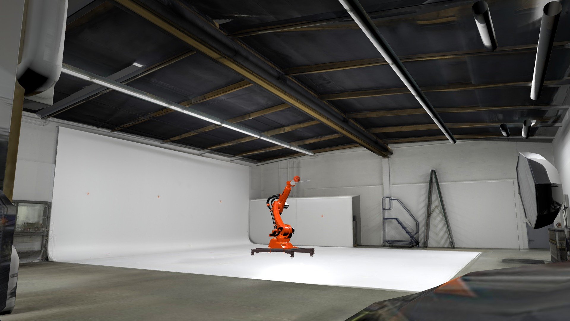 This is a photogrammetry scan of a mid size photography studio in Los Angeles.
Start by shooting a good 500 photos, very sharp, hi rez, RAW, with Sony A7, tripod, and remote control to avoid shake.  Then color correct with Lightroom, save to 16bit TIFF, open in Agisoft Photoscan to create a rough 3D model, about 2 million polygons.  Import this into Maya, rebuild in simple low polygons with clean UV layout.  

Next this low poly gets imported back into Photoscan where you can project the textures again, (only the best/sharpest 70% of the photo set) into the clean UV's, and this will export out nice 8k textures.  Then use in Maya as a lighting environment since you have the HDR 360 Pano (whole additional workflow there), and try out VRay with GPU for fun.  Export out as fbx format for loading into Sketchfab or UE4, fly around with your VR headset.  

The 6-axis industrial robot is a KUKA KR210_R2700_prime.  The CAD comes from their website in step format, and is cleaned up using Rhino and Maya.