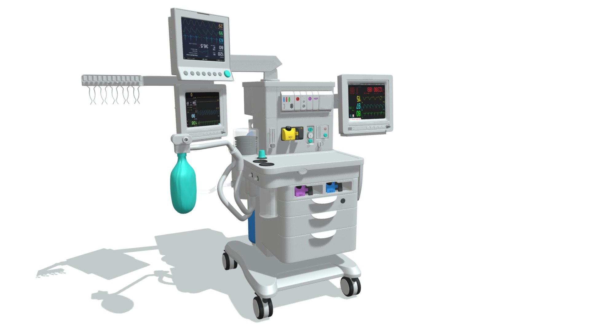 High quality 3d model of anesthesia respiratory workstation trolley, advance breathing system for operating rooms.