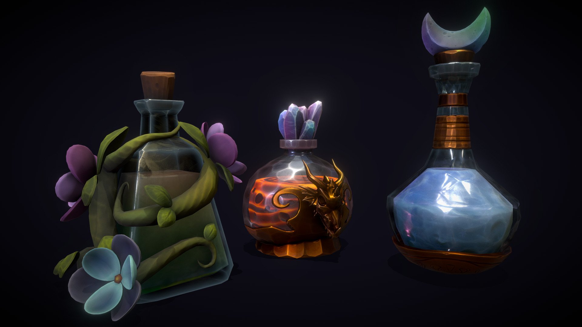 

I made these for February's first weekly challenge, my ideas for them were: Growth Potion, Liquified Dragon's Breath and Bottled Moonlight. I had a lot of fun creating the glass material and sculpting the dragon's head. I look forward to the future challenges!